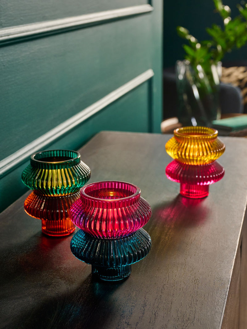 Glass tea light and taper candle holders in multicolour (British brand)