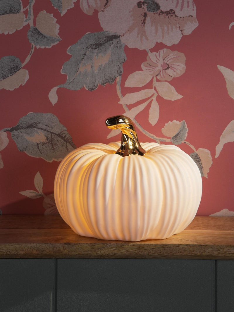 Medium White Ceramic Light-Up Pumpkin Decoration
