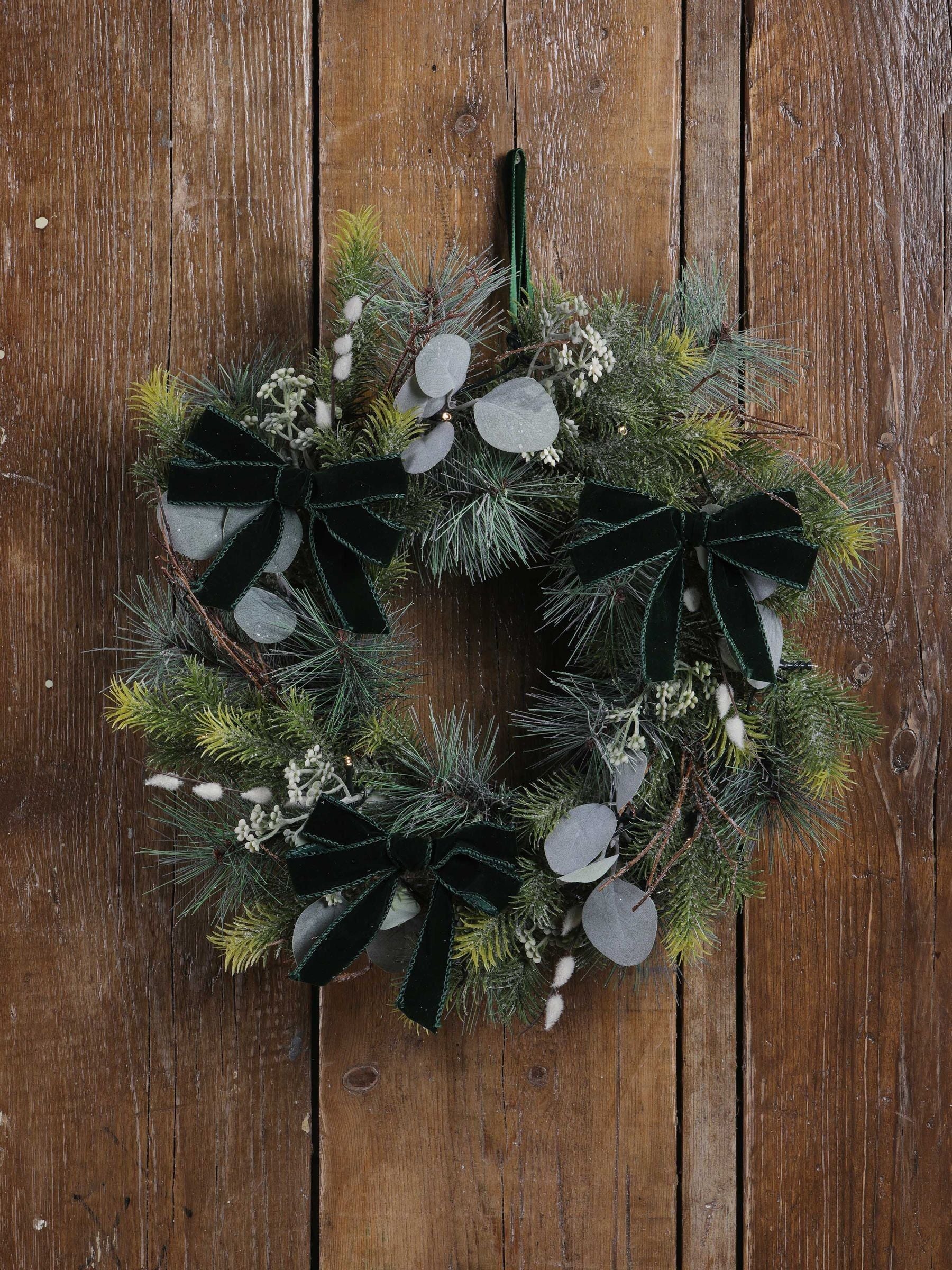Laura Ashley Green 40cm Pussy WIllow Pre Lit Christmas Wreath