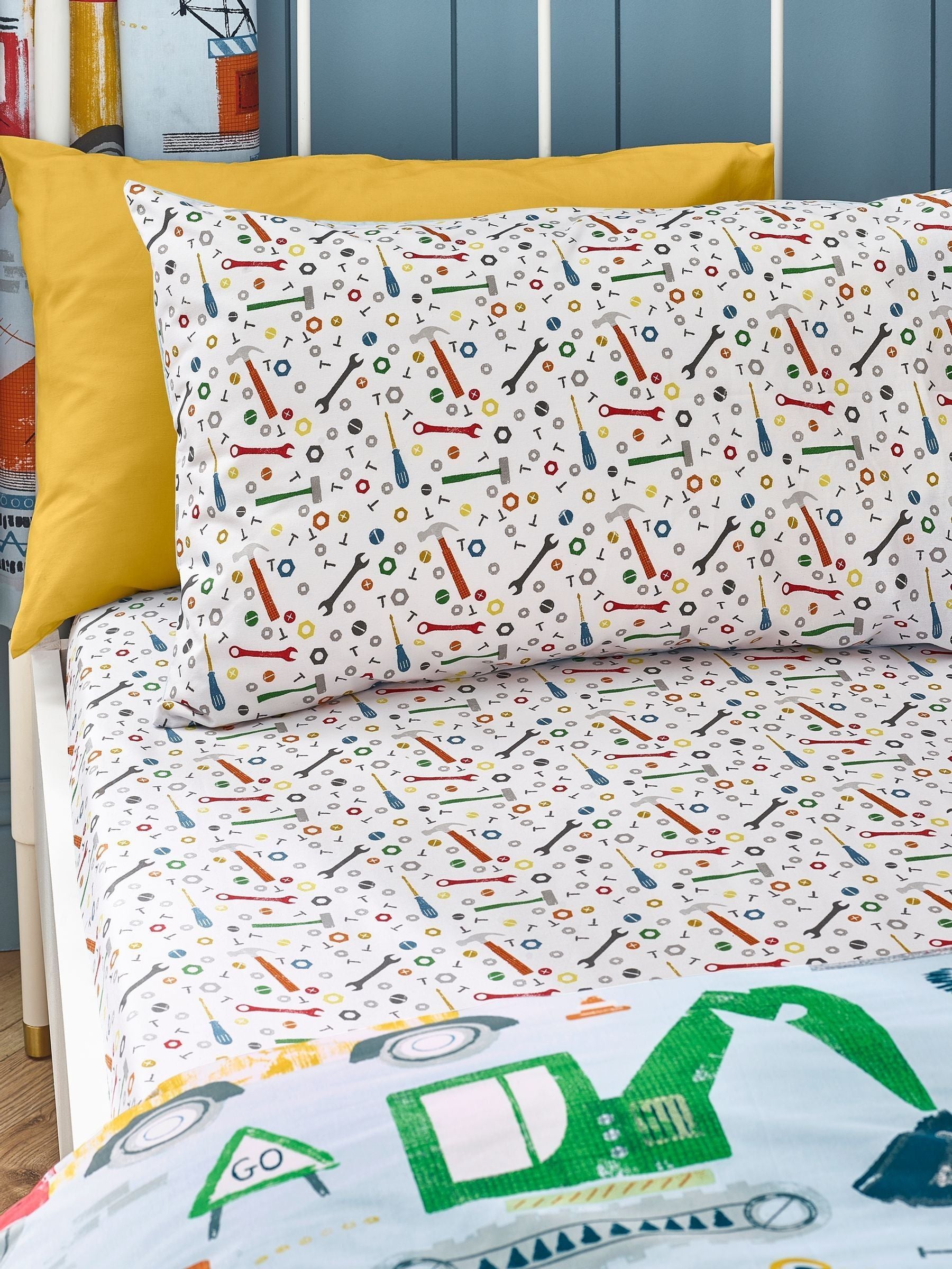 Catherine Lansfield Blue Digger Dreams fitted sheet - British product