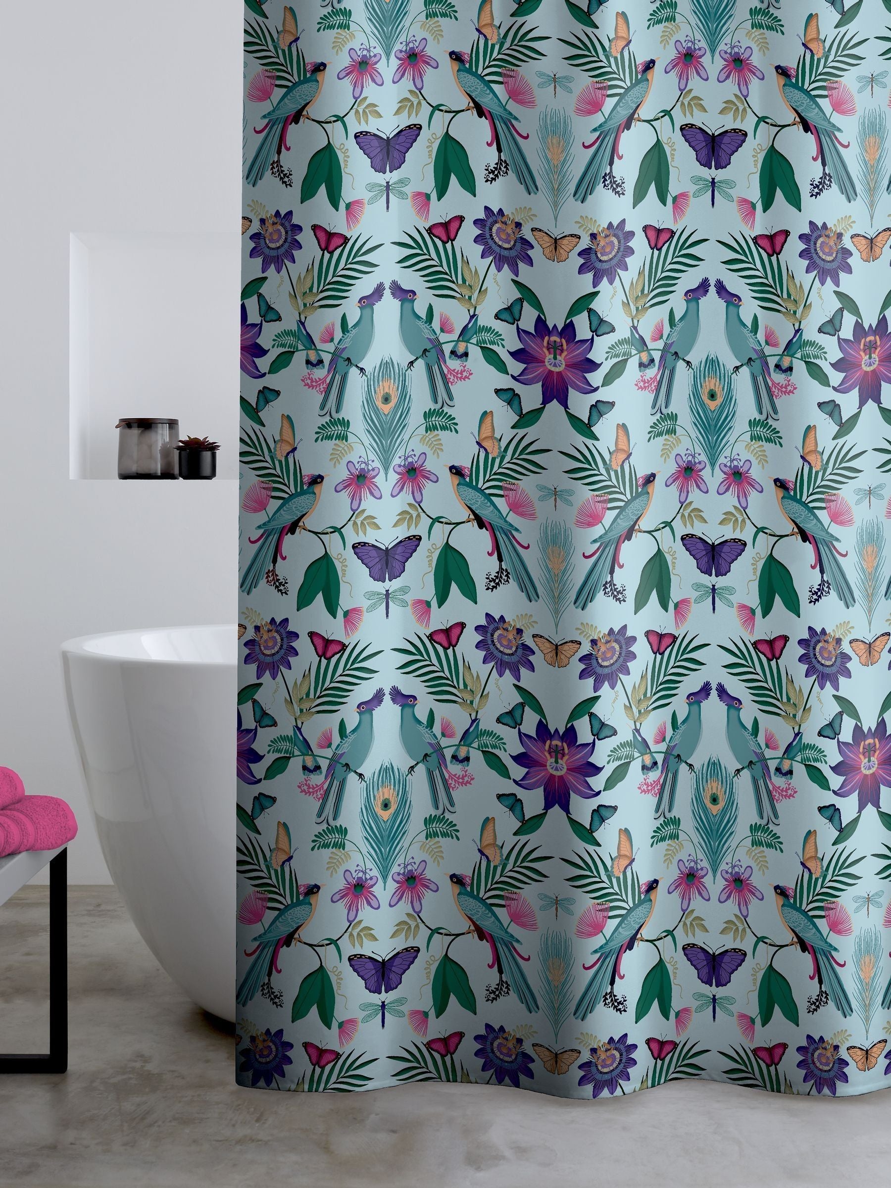 Catherine Lansfield Duck Egg Mya Tropical Bird Shower Curtain Panel