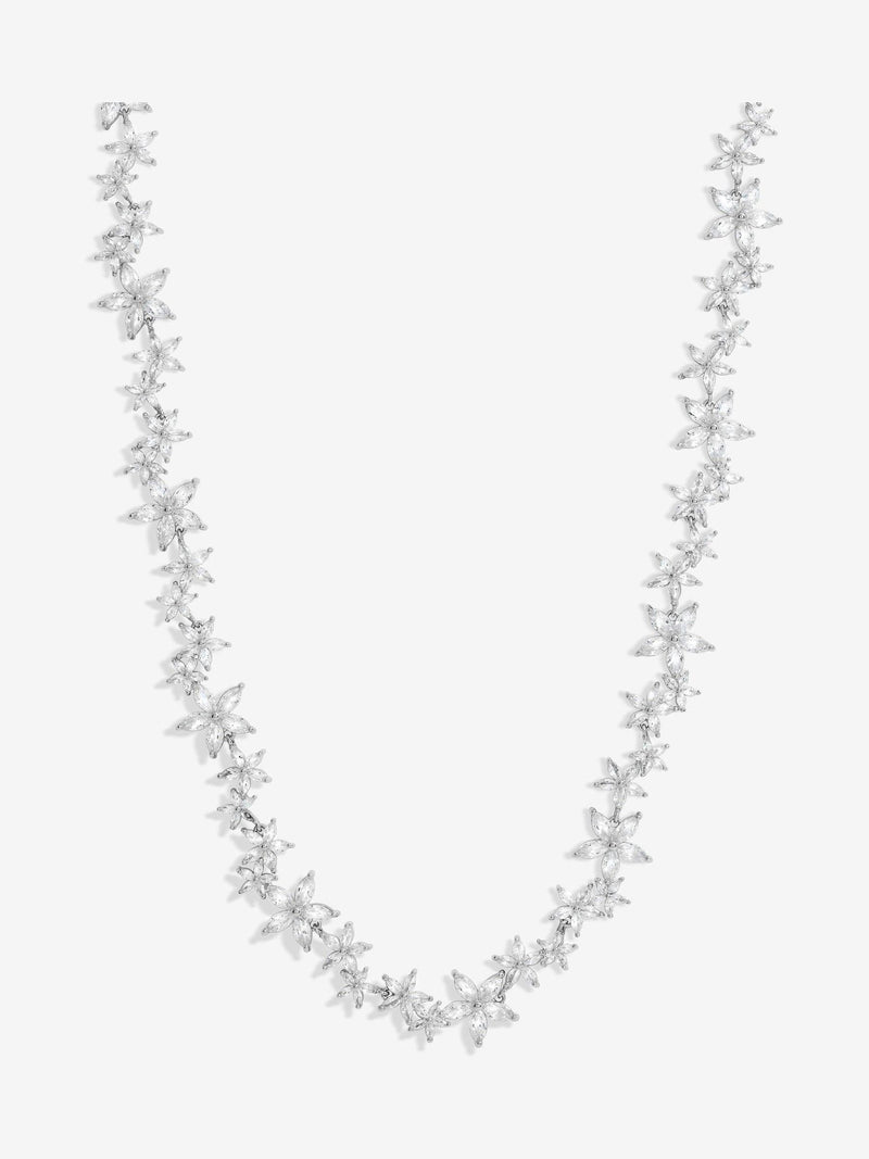 Silver Tone Cubic Zirconia Floral Necklace with Adjustable Extender