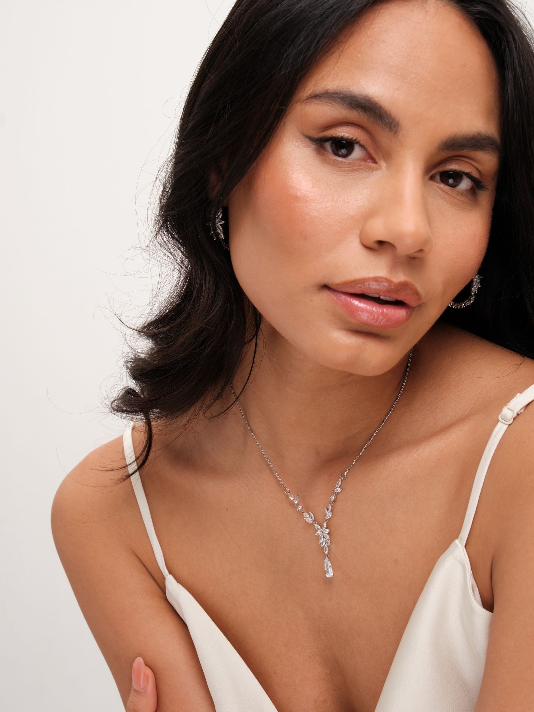 Jon Richard silver tone cubic zirconia floral Y necklace 16-inch, UK version