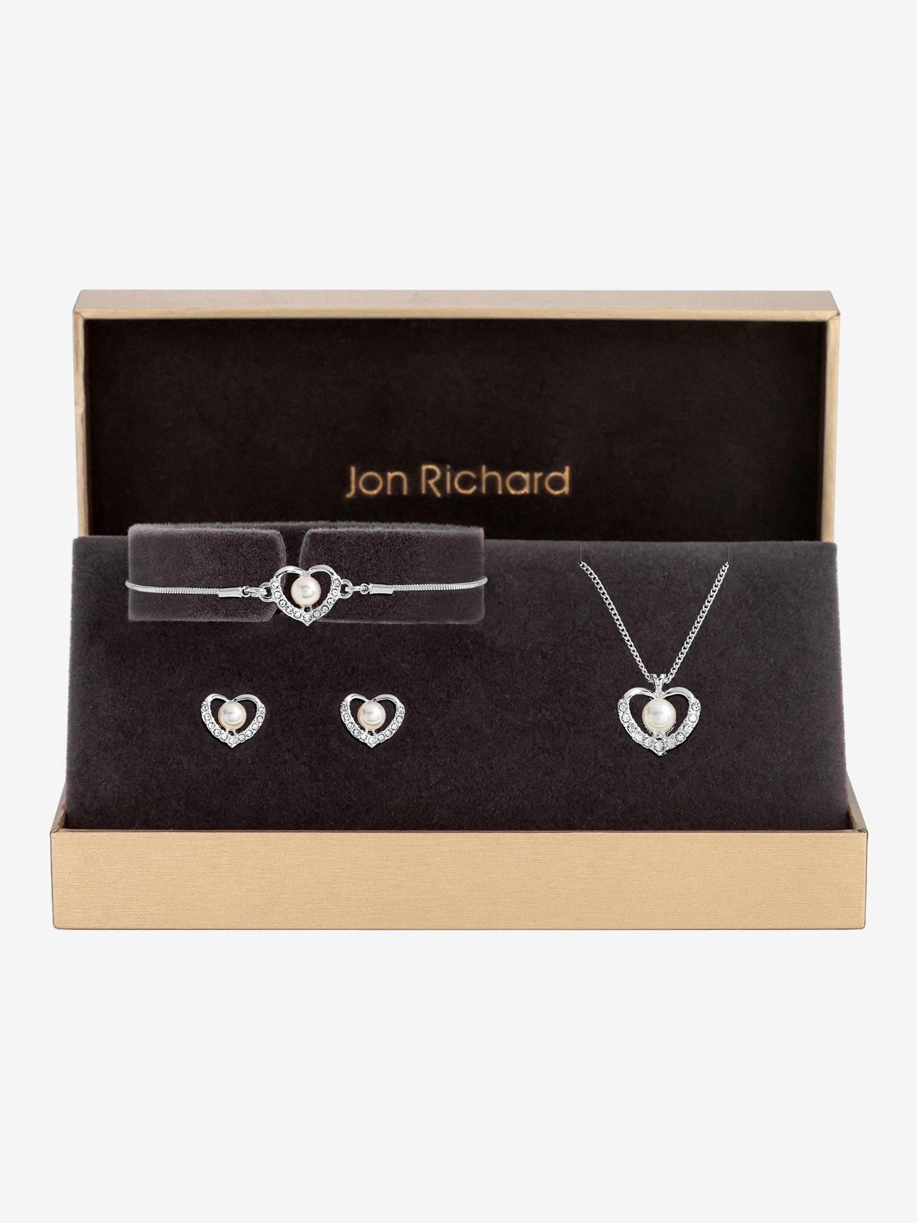Jon Richard silver tone pearl crystal heart trio jewellery set, UK version