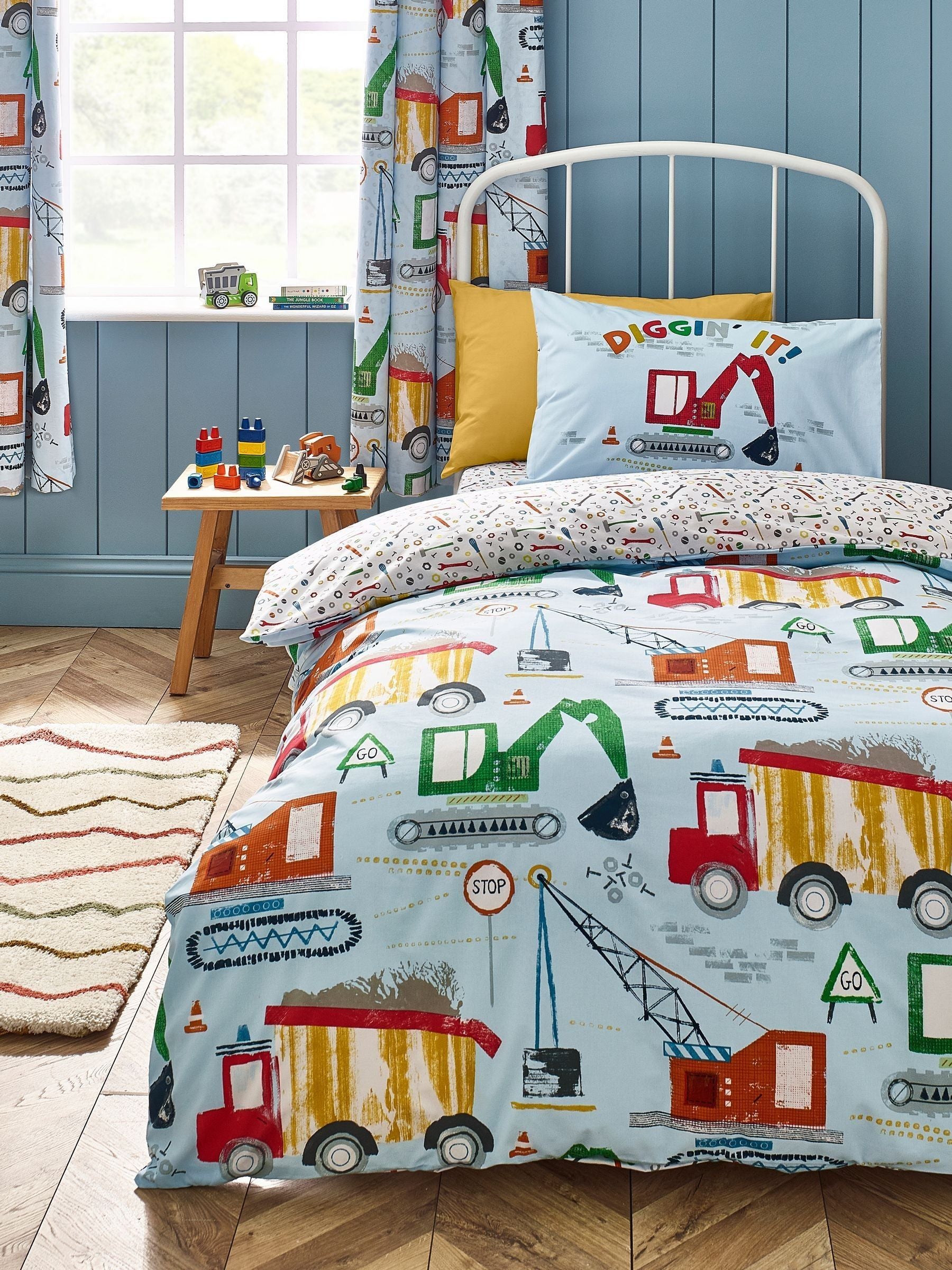 Catherine Lansfield Blue Digger Dreams reversible duvet cover set - British product