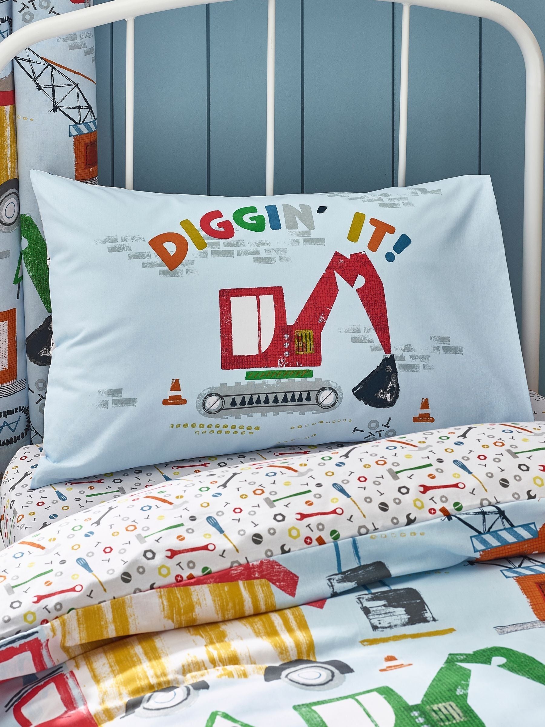 Catherine Lansfield Blue Digger Dreams reversible duvet cover set - British product