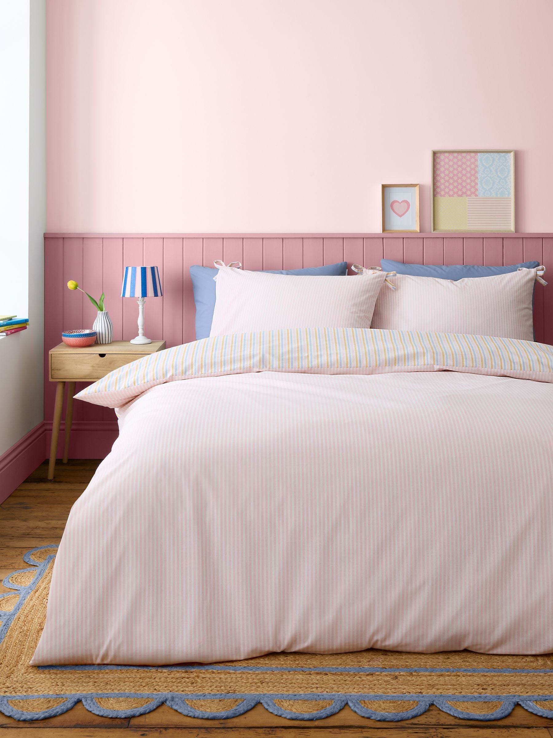 Catherine Lansfield pastel stripe duvet cover set with bow ties - British product