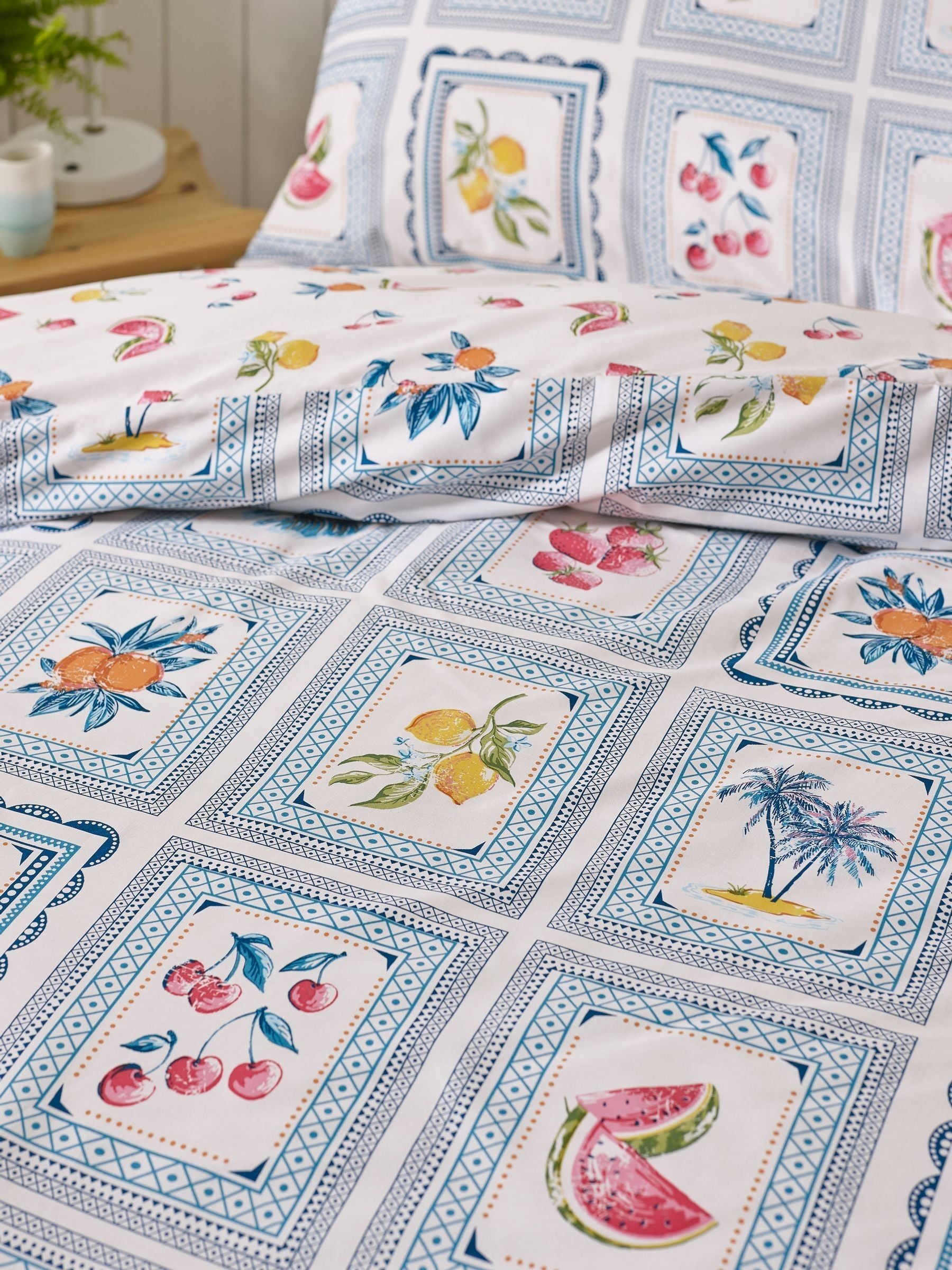 Catherine Lansfield Blue Riviera Tiles Reversible Duvet Cover Set - British product