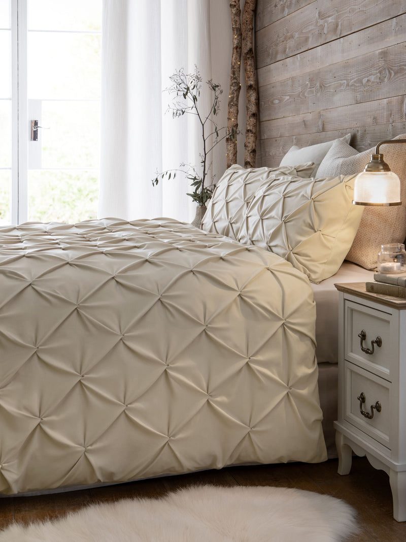 Natural pinch pleat duvet cover set, imported from the UK