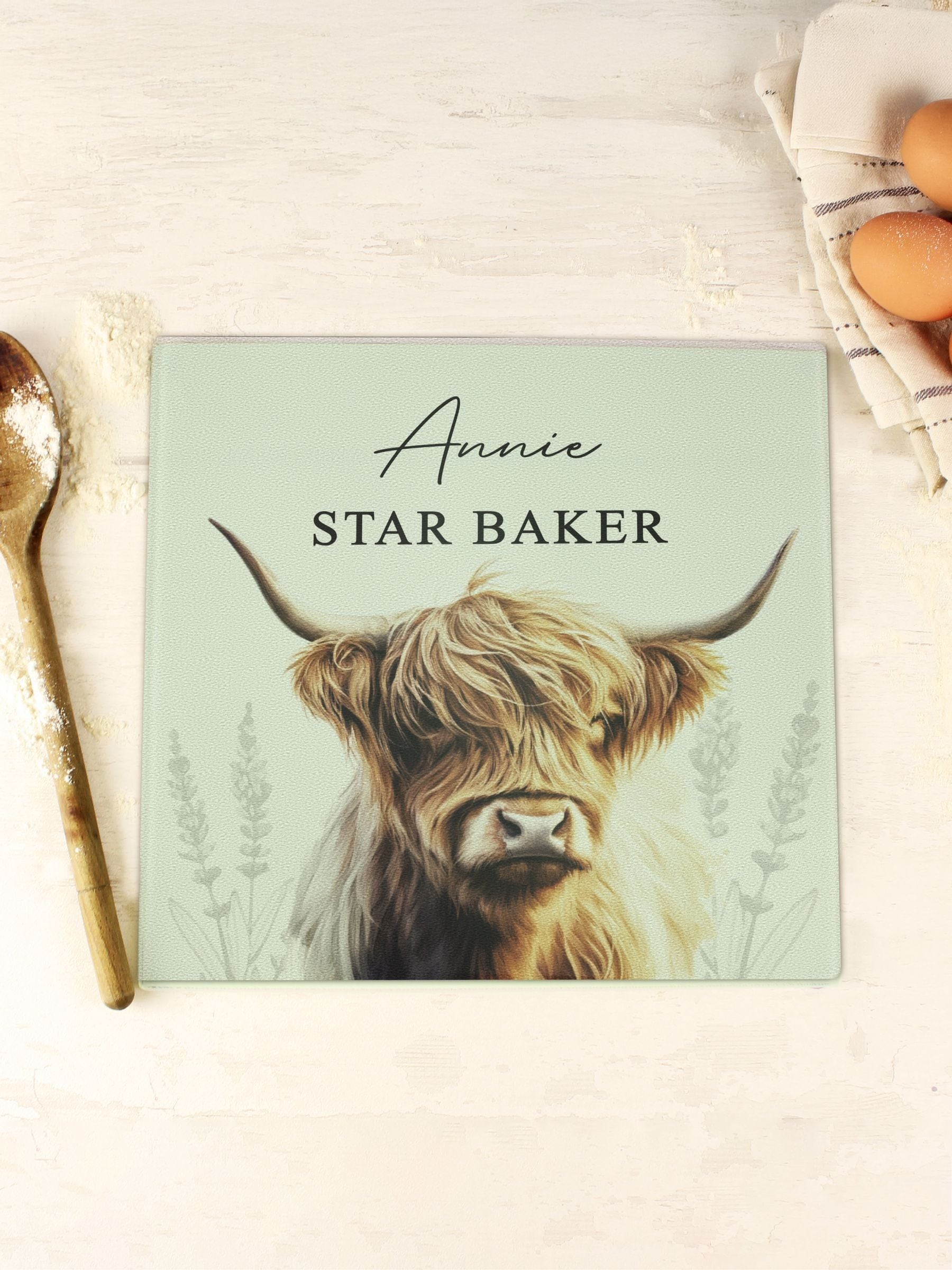 PMC Highland Cow glass chopping board, imported from the UK