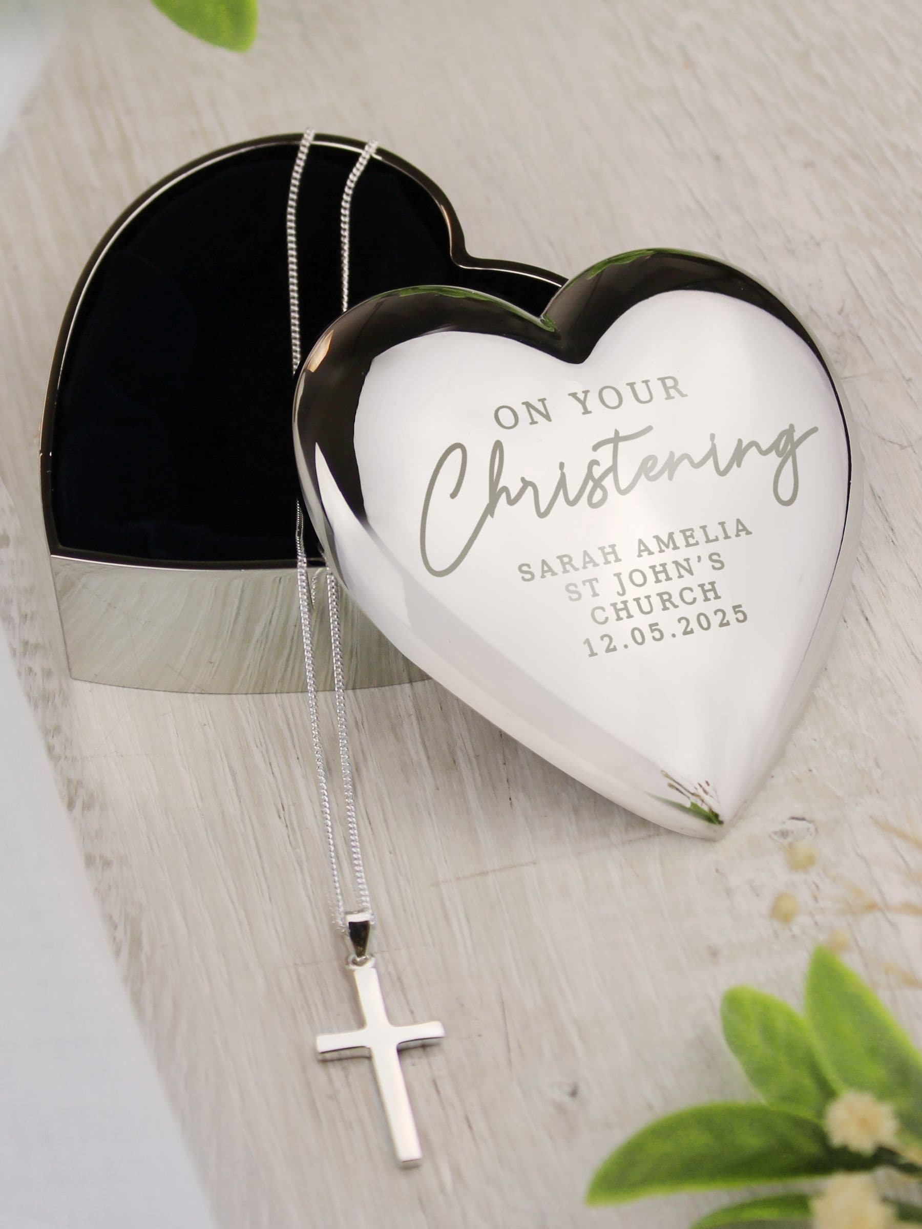 PMC Christening trinket box and cross necklace, imported from the UK