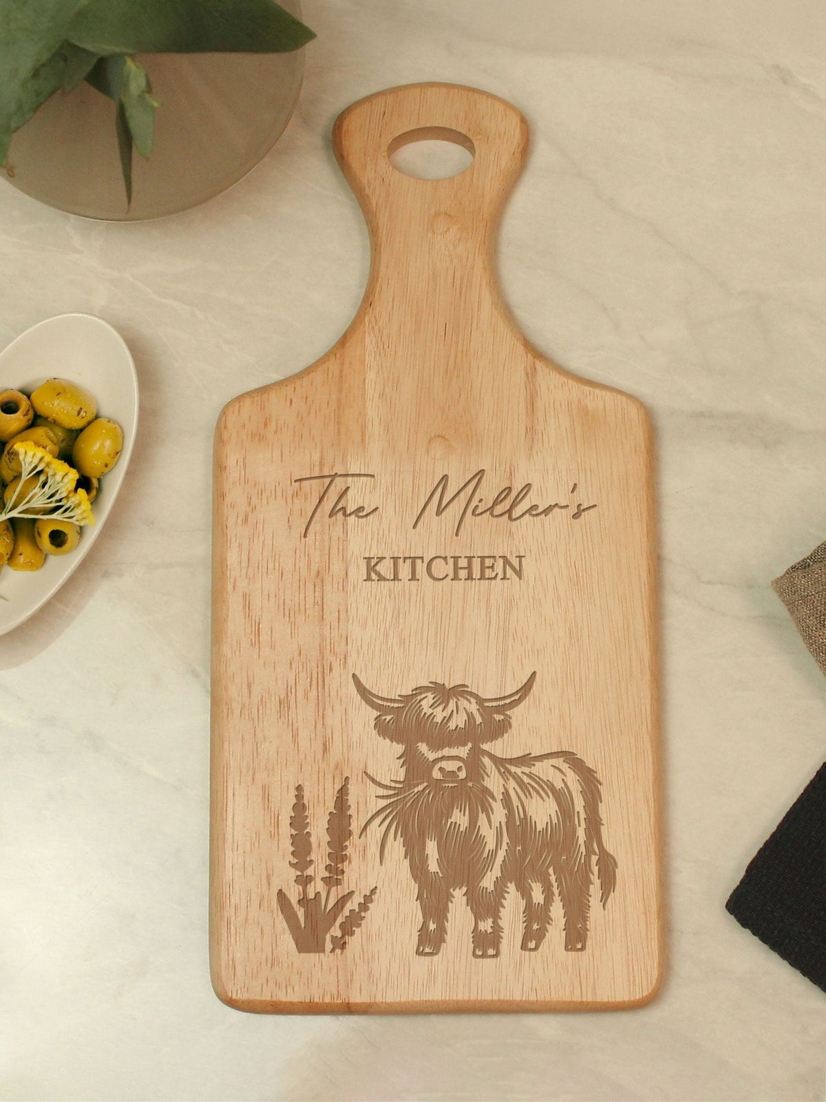 PMC personalised Highland cow chopping board 34cm x 16cm, imported from the UK