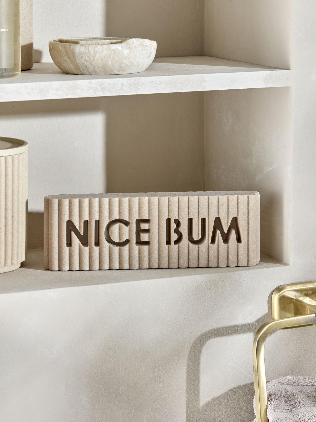 Rib word block ornament with Nice Bum slogan, imported from the UK