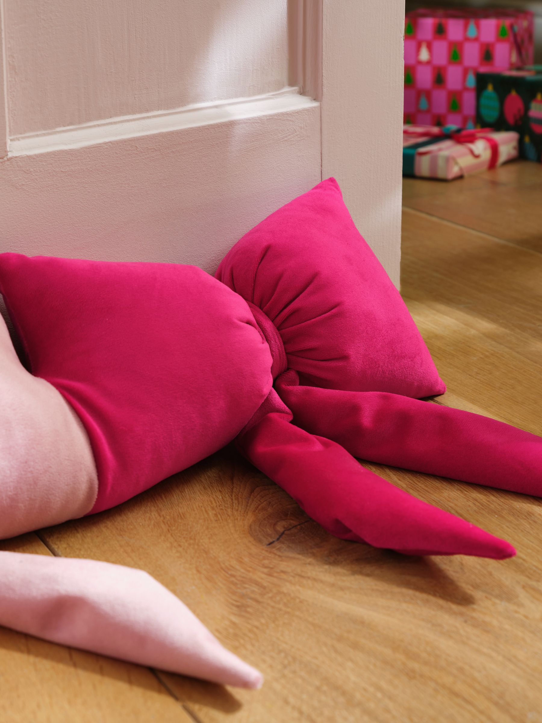 Pink/Green Christmas Velvet Bows Draught Excluder