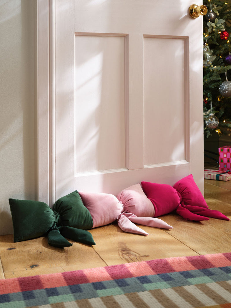 Pink/Green Christmas Velvet Bows Draught Excluder