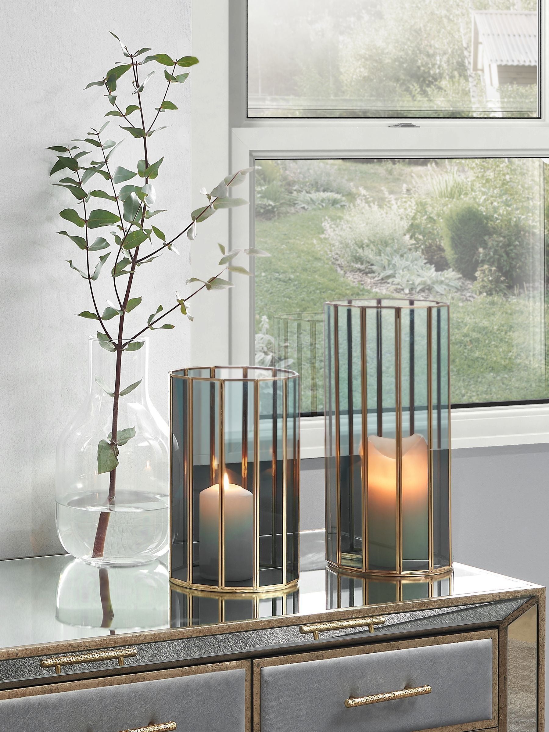 Pacific Lifestyle brass glass panelled hurricane lantern, imported from the UK