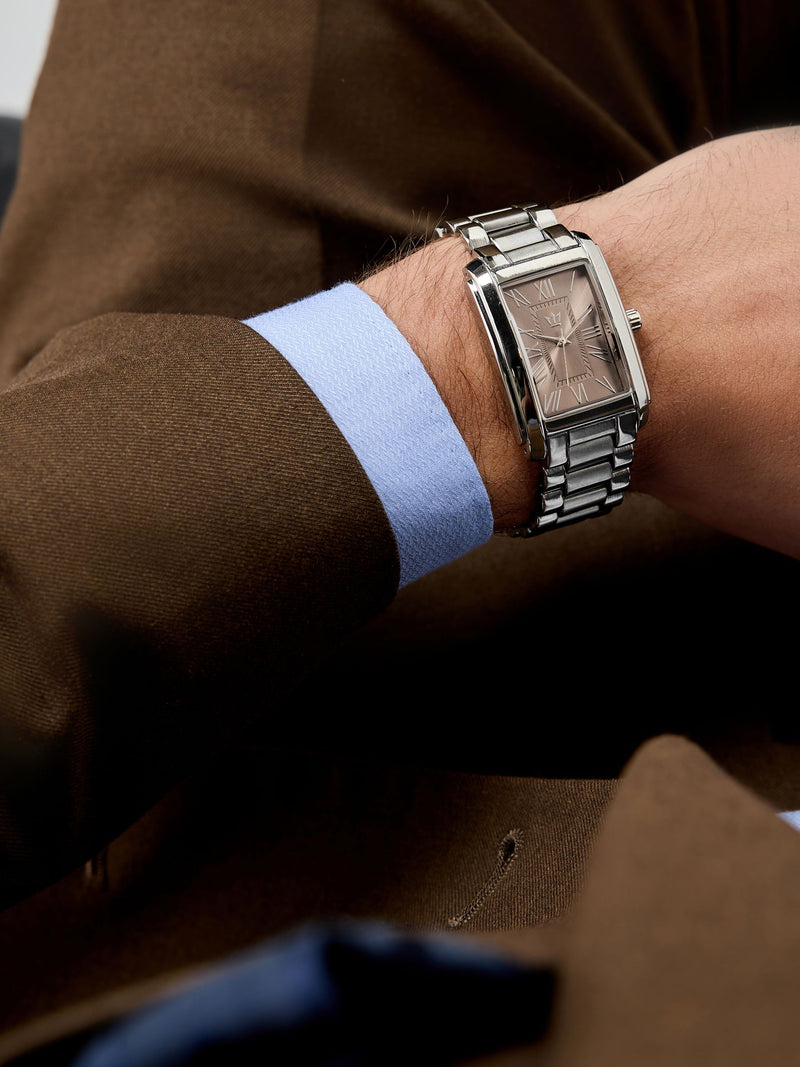 Slim rectangular face bracelet watch silver brown tone (British brand)