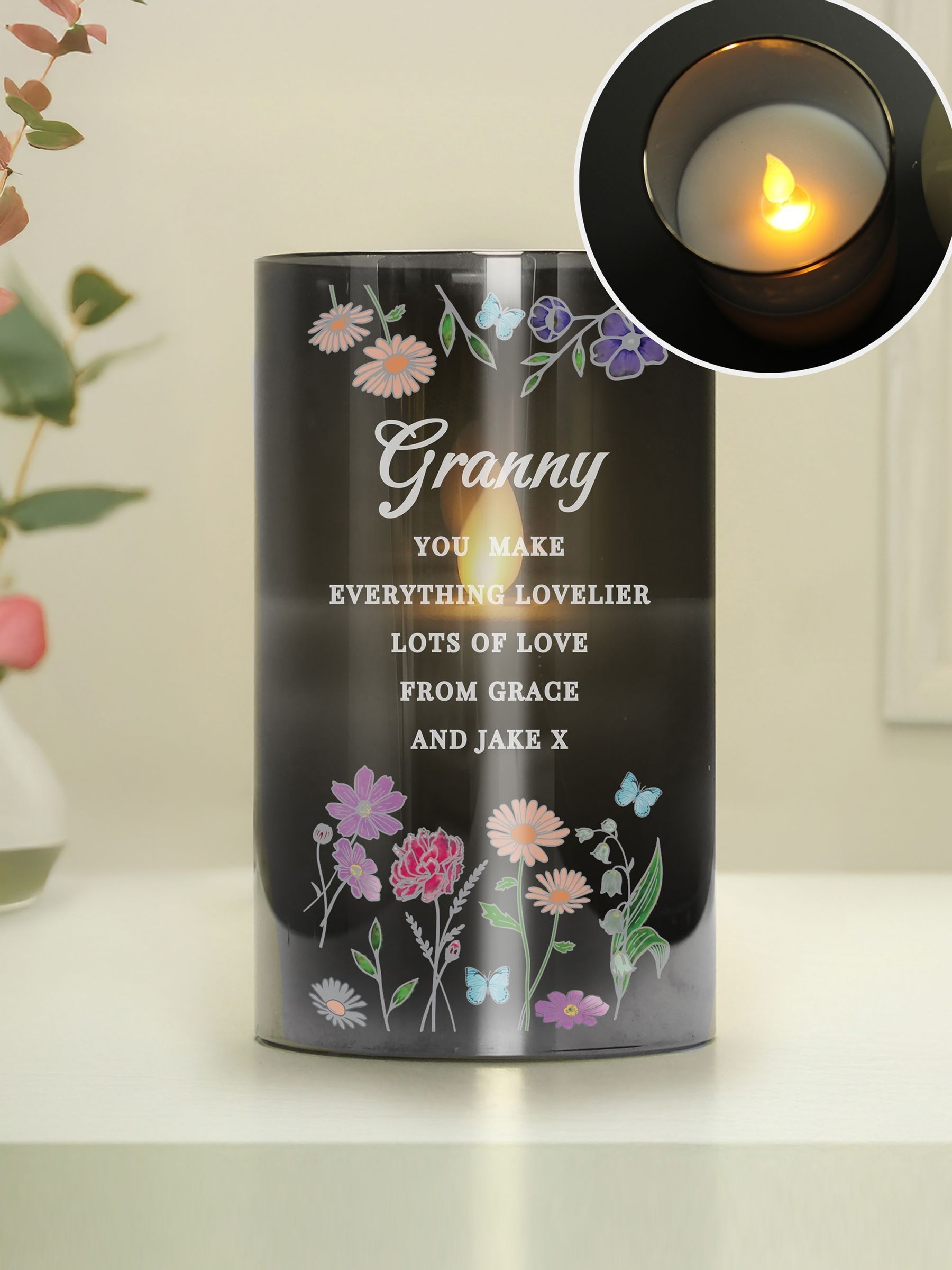 PMC personalised wild flowers LED candle in glass jar, imported from the UK