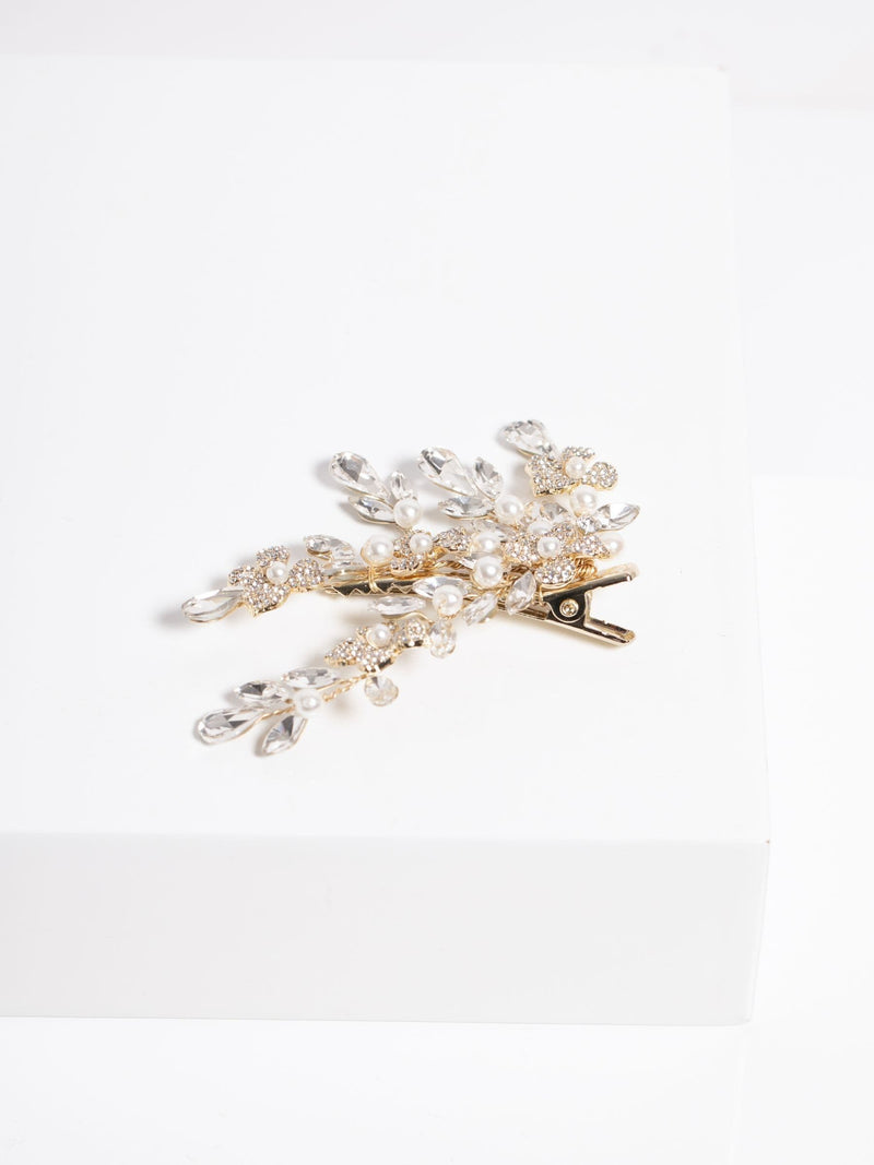 Jon Richard gold crystal floral pearl hair slide, UK version