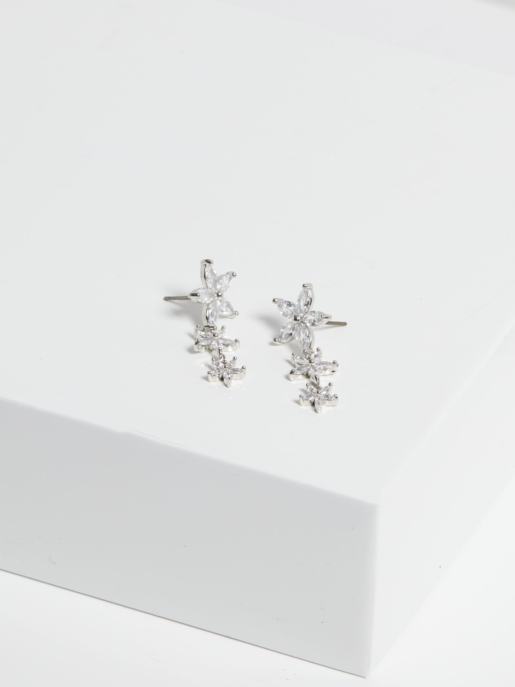 Rhodium Plated Cubic Zirconia Mixed Floral Huggie Earrings 14mm Width 48mm Length