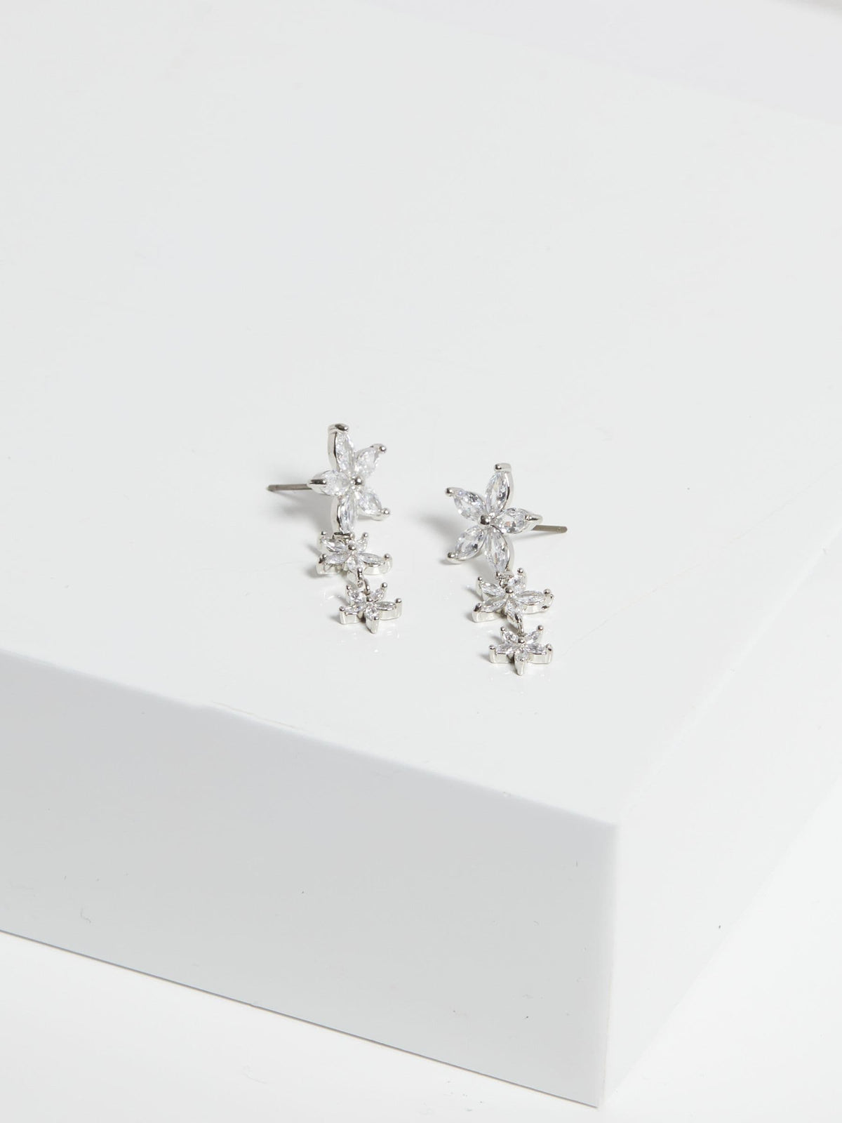 Rhodium Plated Cubic Zirconia Mixed Floral Huggie Earrings 14mm Width 48mm Length