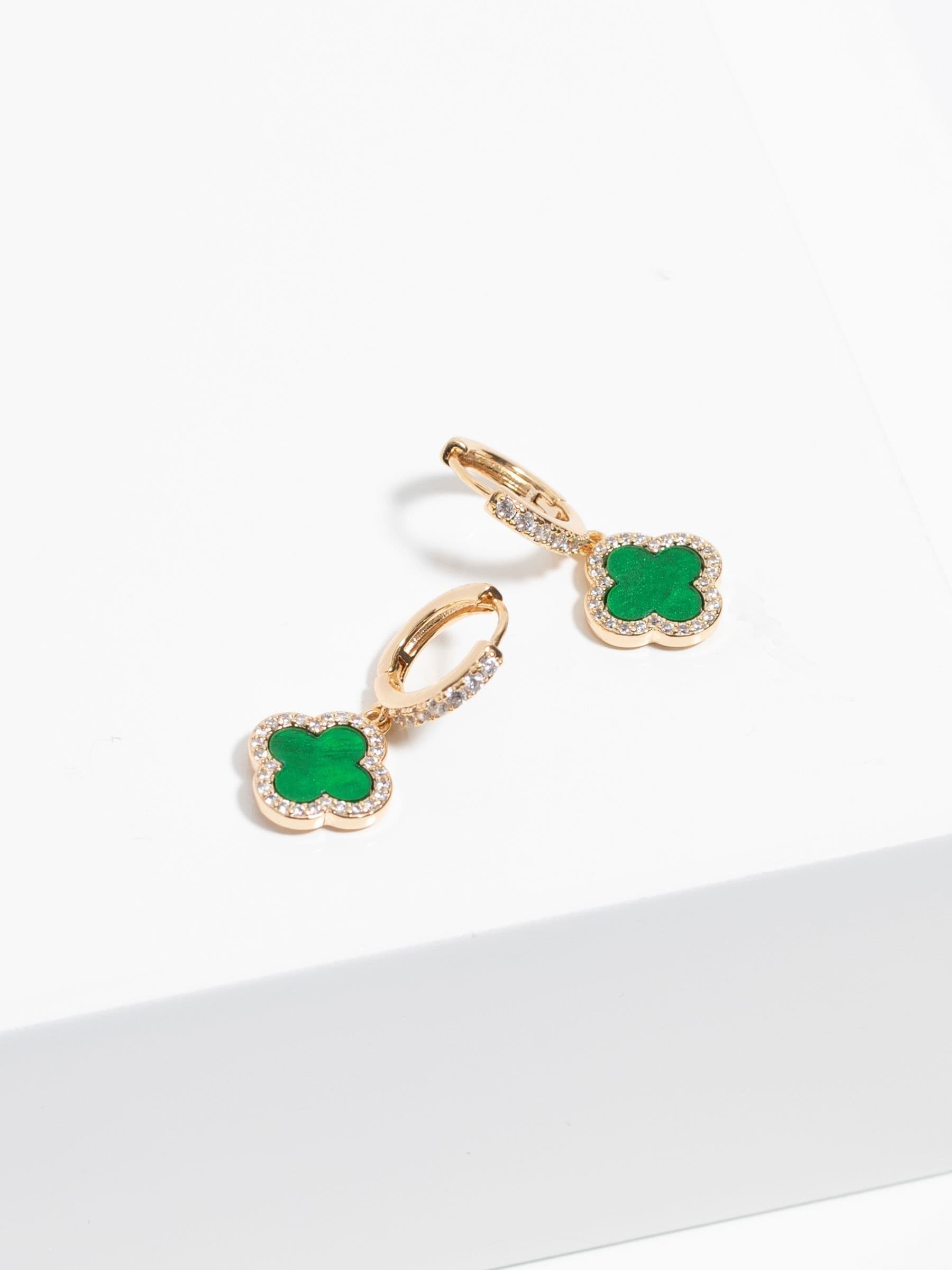 Gold Plated Malachite Clover Earrings with Post and Catch Fastening, 25mm x 12mm