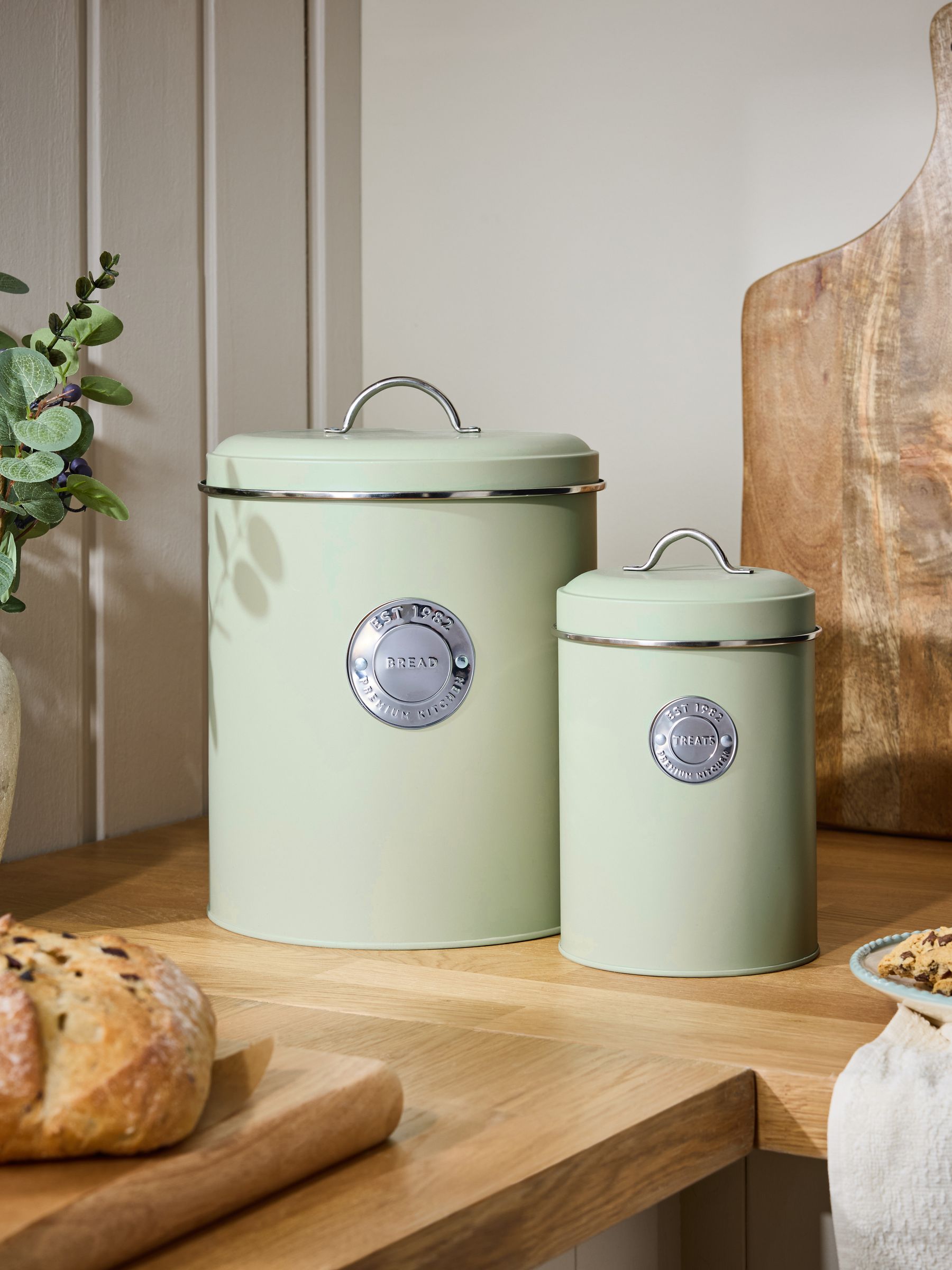 Sage green set of 2 storage jars for tea, coffee, and sugar (British brand)