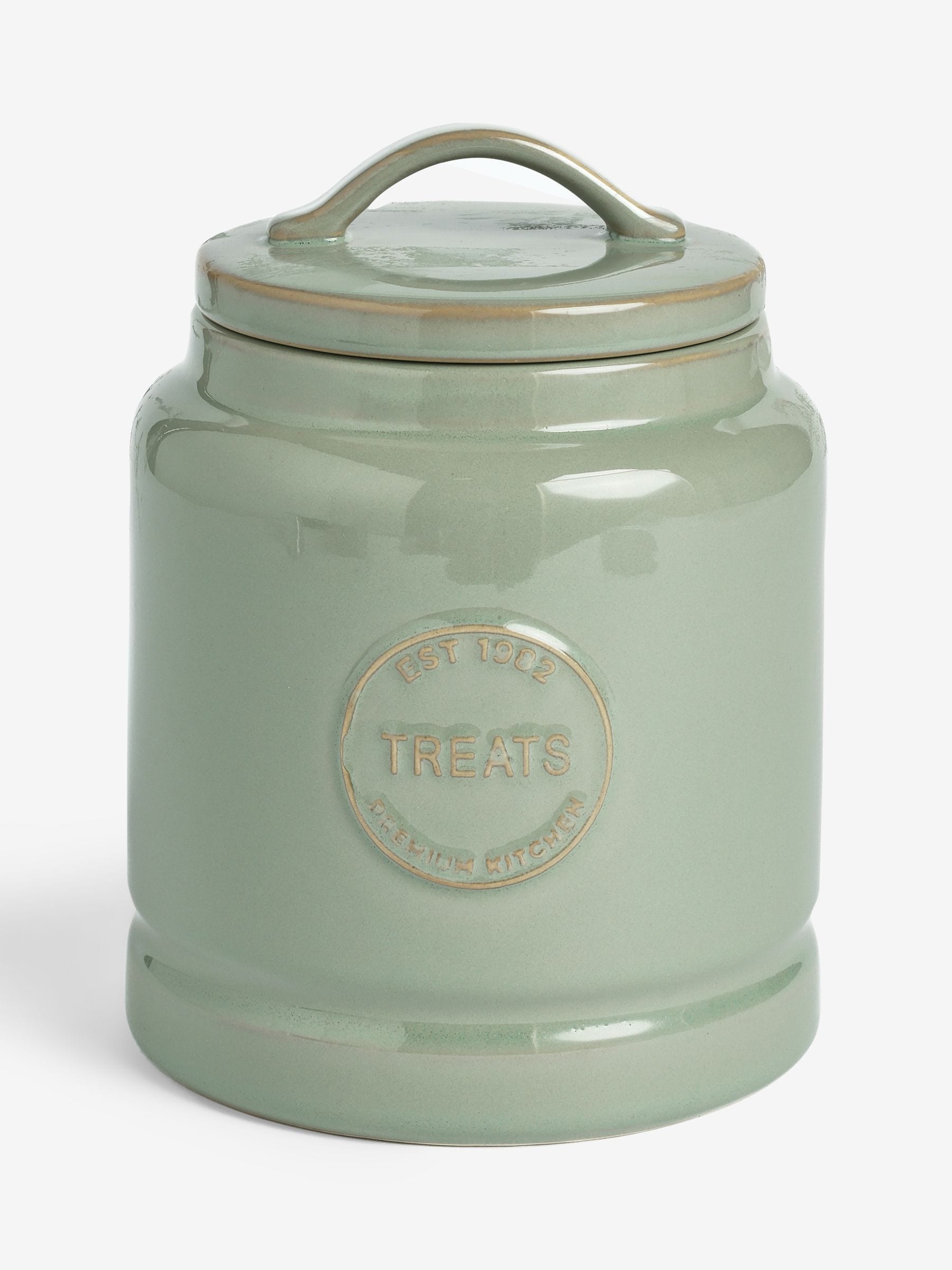 Sage green country badge treat storage jar (British brand)