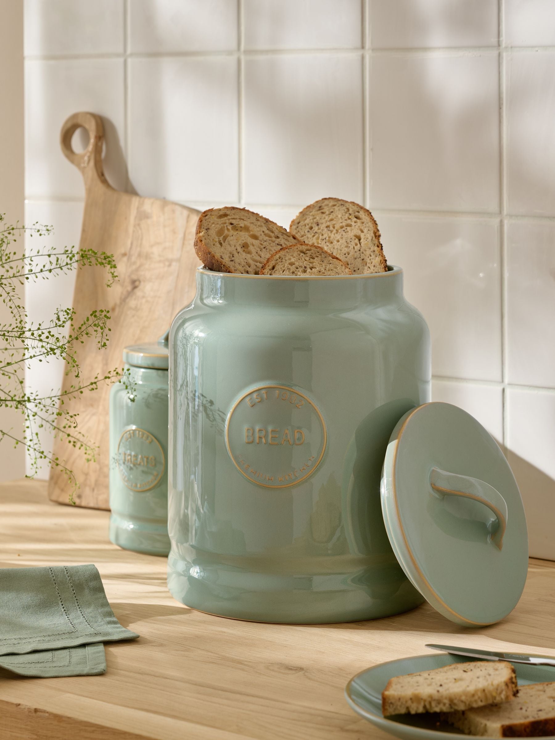 Sage green country badge bread bin (British brand)