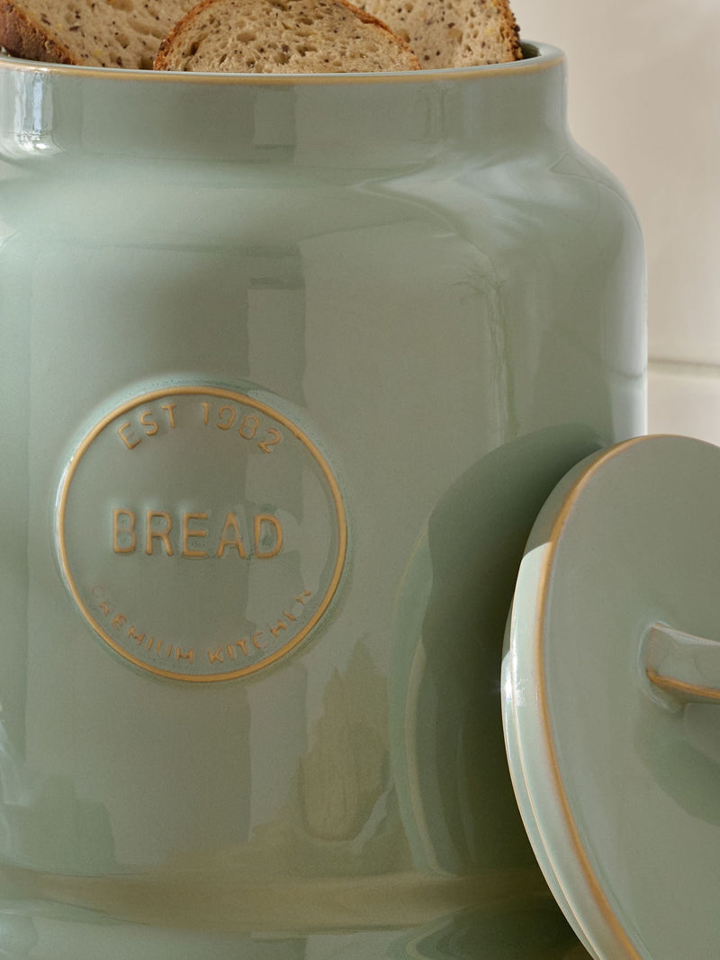 Sage green country badge bread bin (British brand)