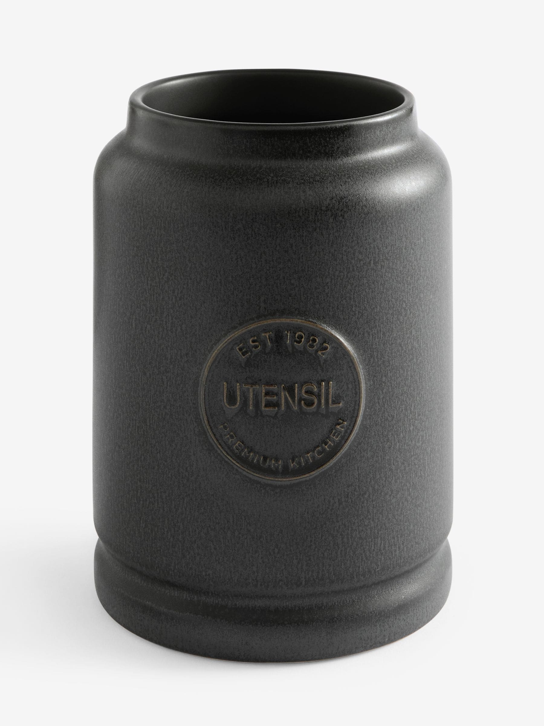 Black ceramic utensil pot with country badge design - British product