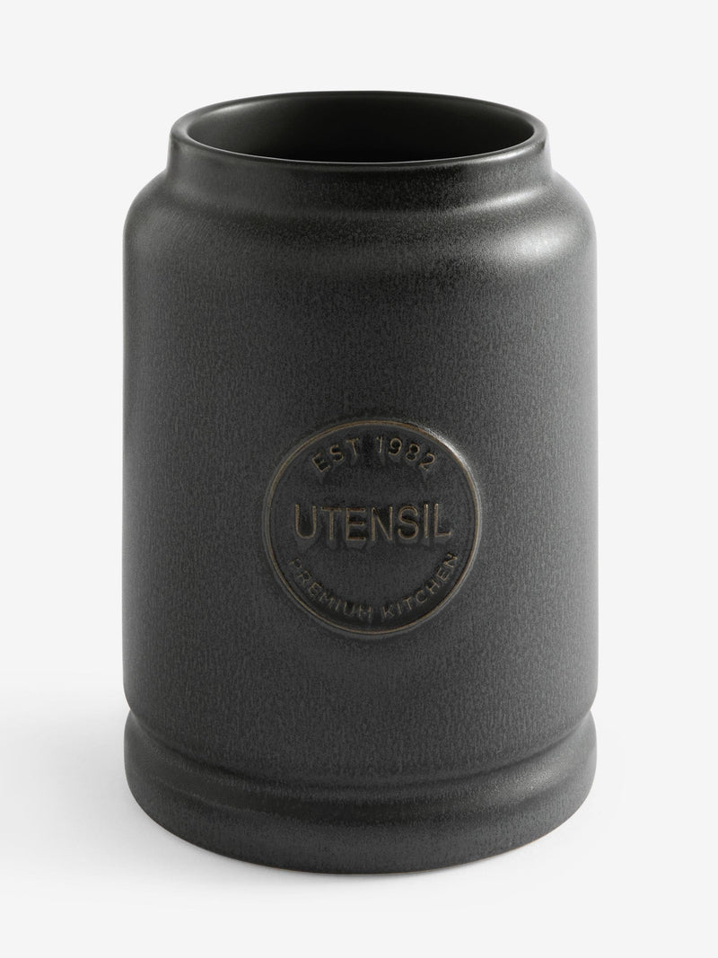 Black ceramic utensil pot with country badge design - British product