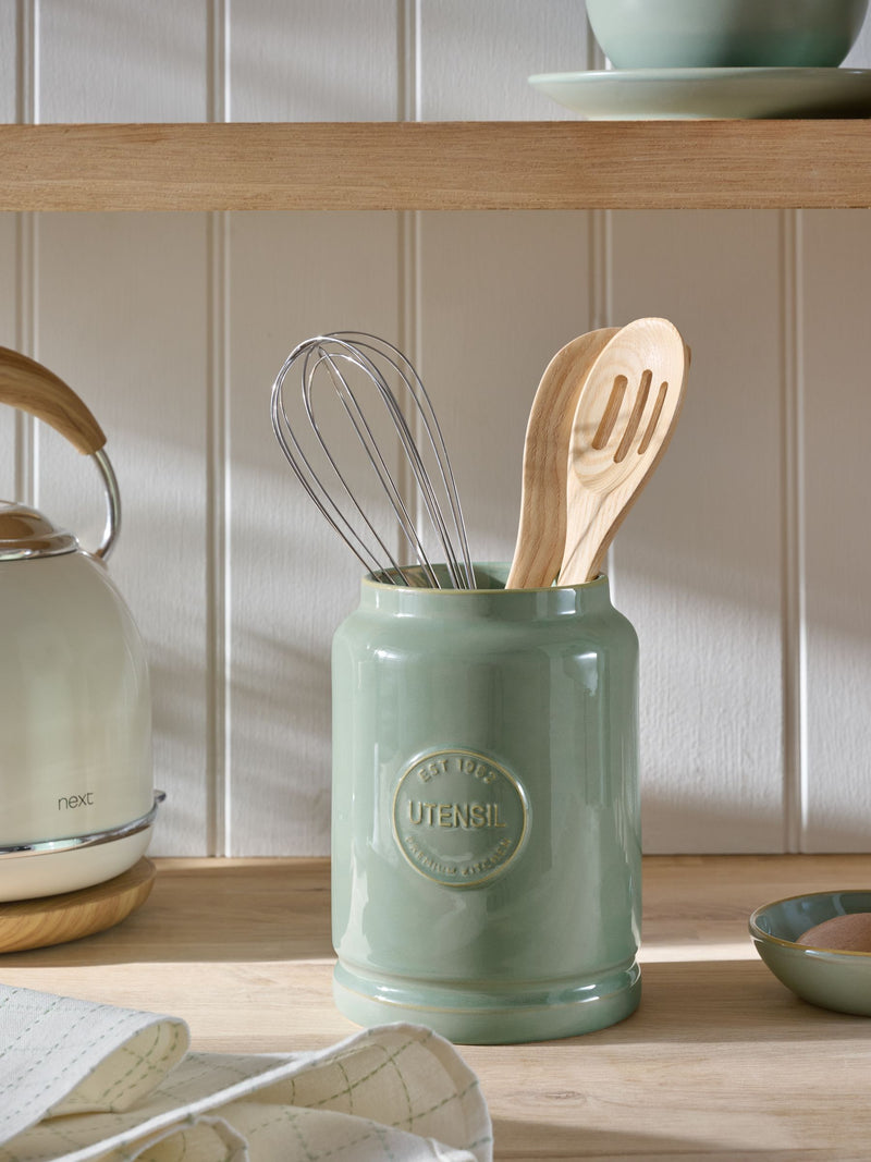 Sage green country badge ceramic utensil pot (British brand)