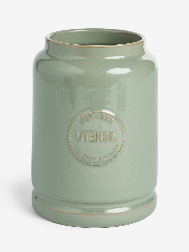 Sage green country badge ceramic utensil pot (British brand)