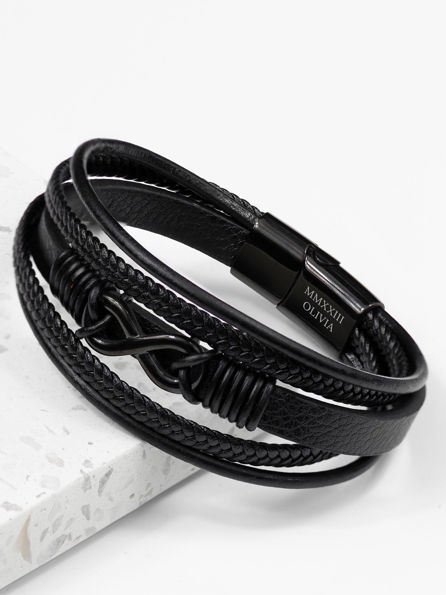 Treat Republic personalised infinity stacked leather black bracelet (British brand)