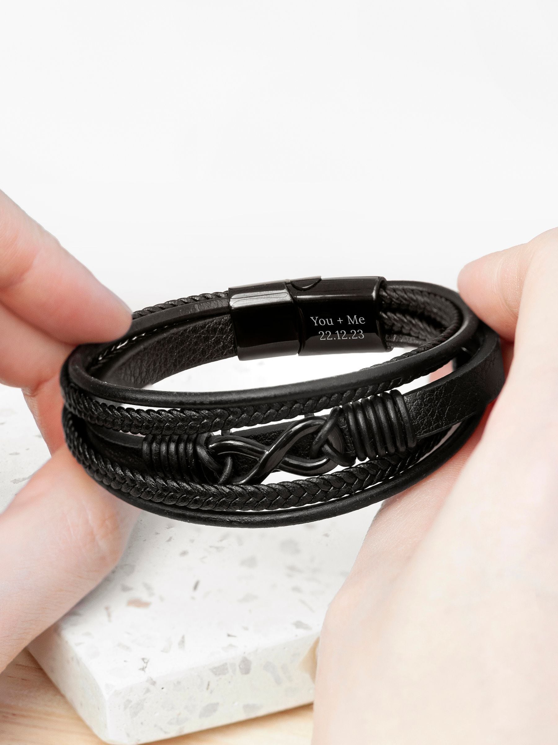 Treat Republic personalised infinity stacked leather black bracelet (British brand)