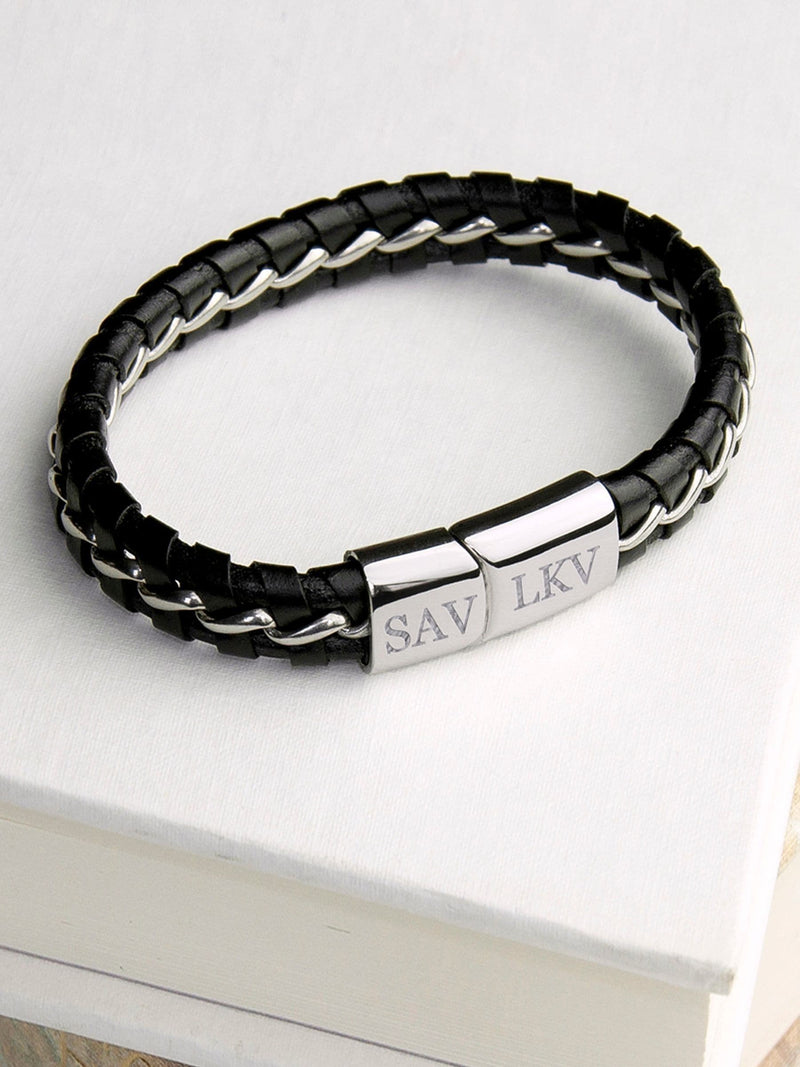 Treat Republic men's personalised metal detailed leather bracelet 21cm (British brand)