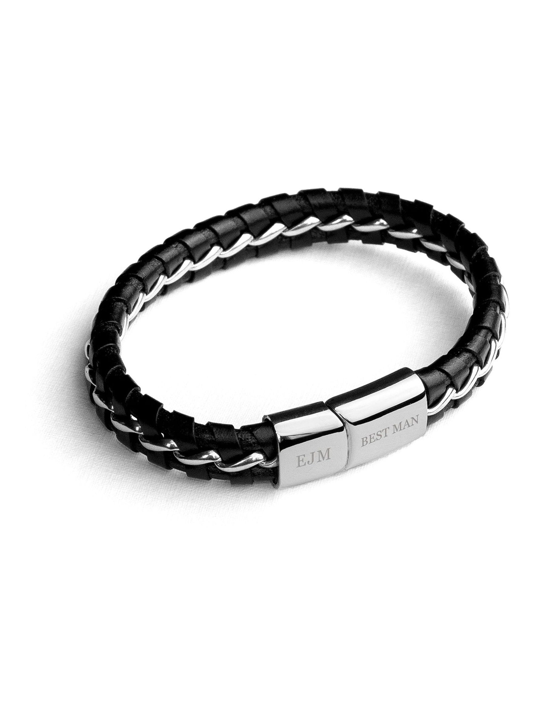 Treat Republic men's personalised metal detailed leather bracelet 21cm (British brand)