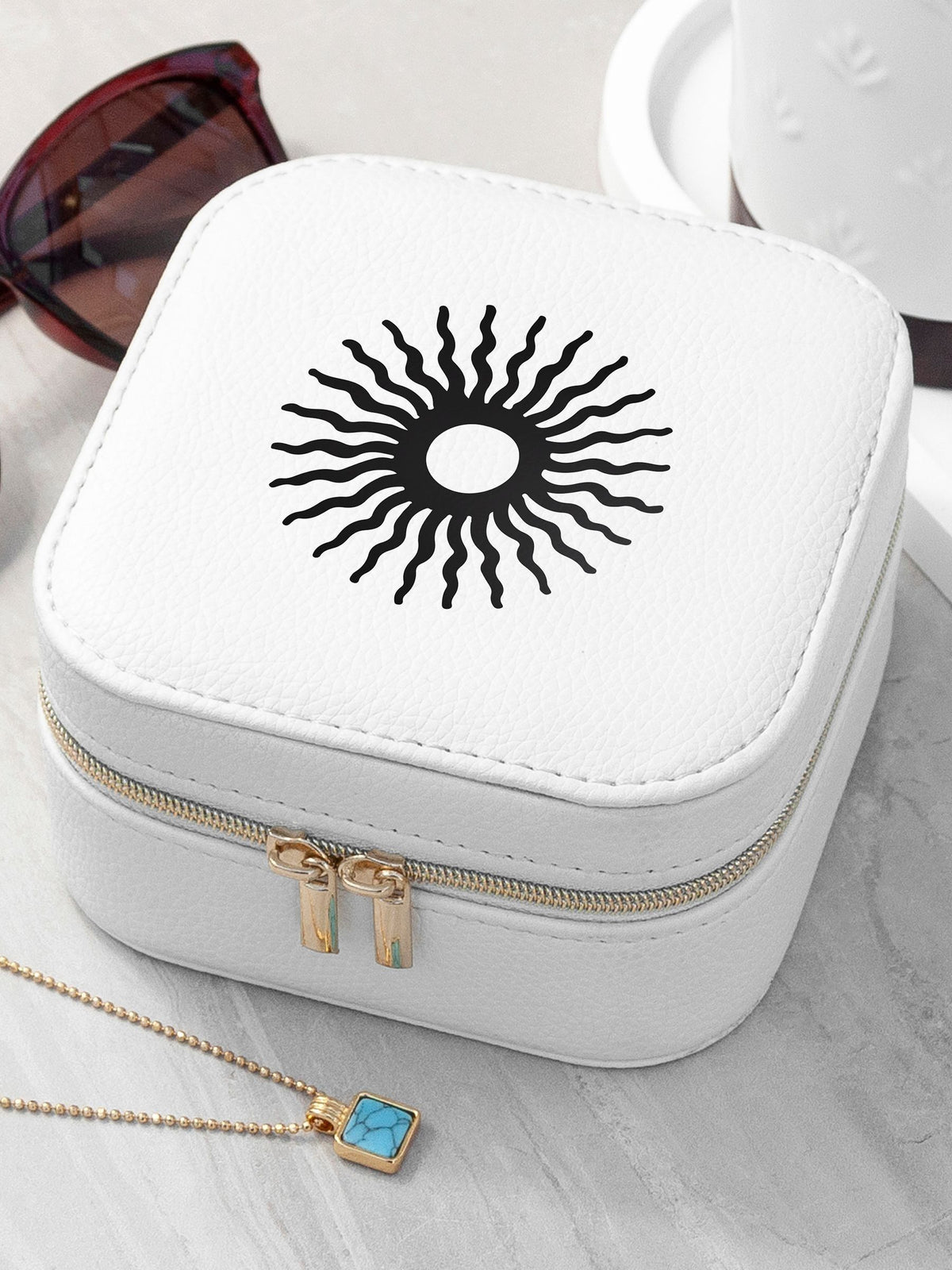 Customizable Icon Travel Jewellery Case with Velvet Interior and Golden Zip Closure