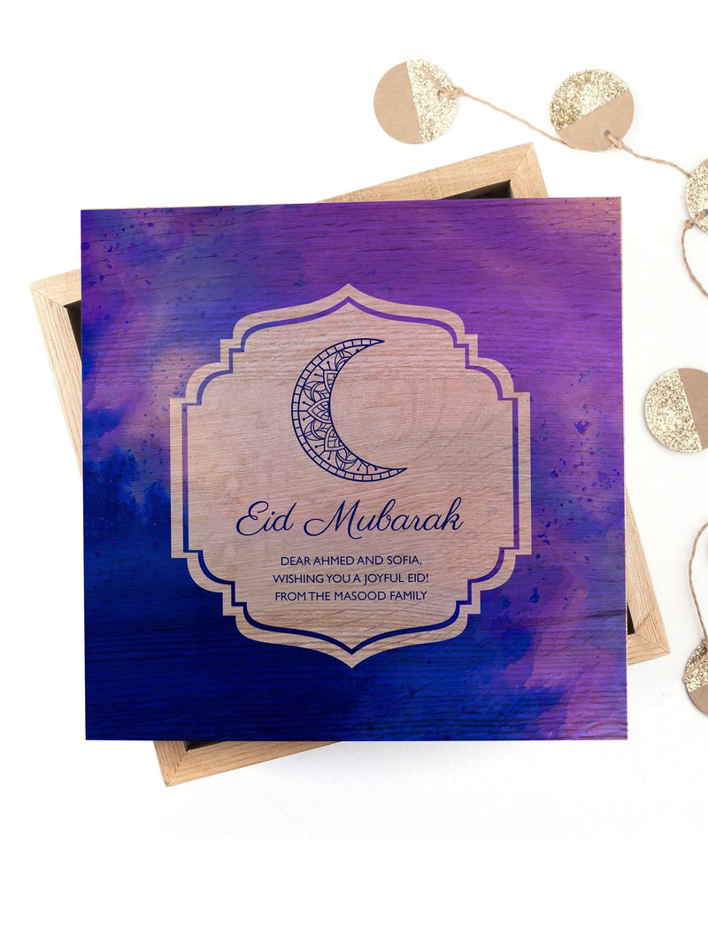Treat Republic personalised Eid Mubarak keepsake box with blue or pink lid, imported from the UK