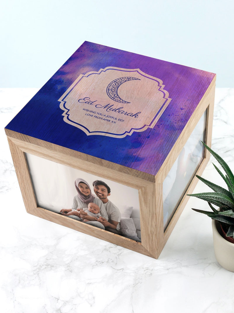 Treat Republic personalised Eid Mubarak keepsake box with blue or pink lid, imported from the UK