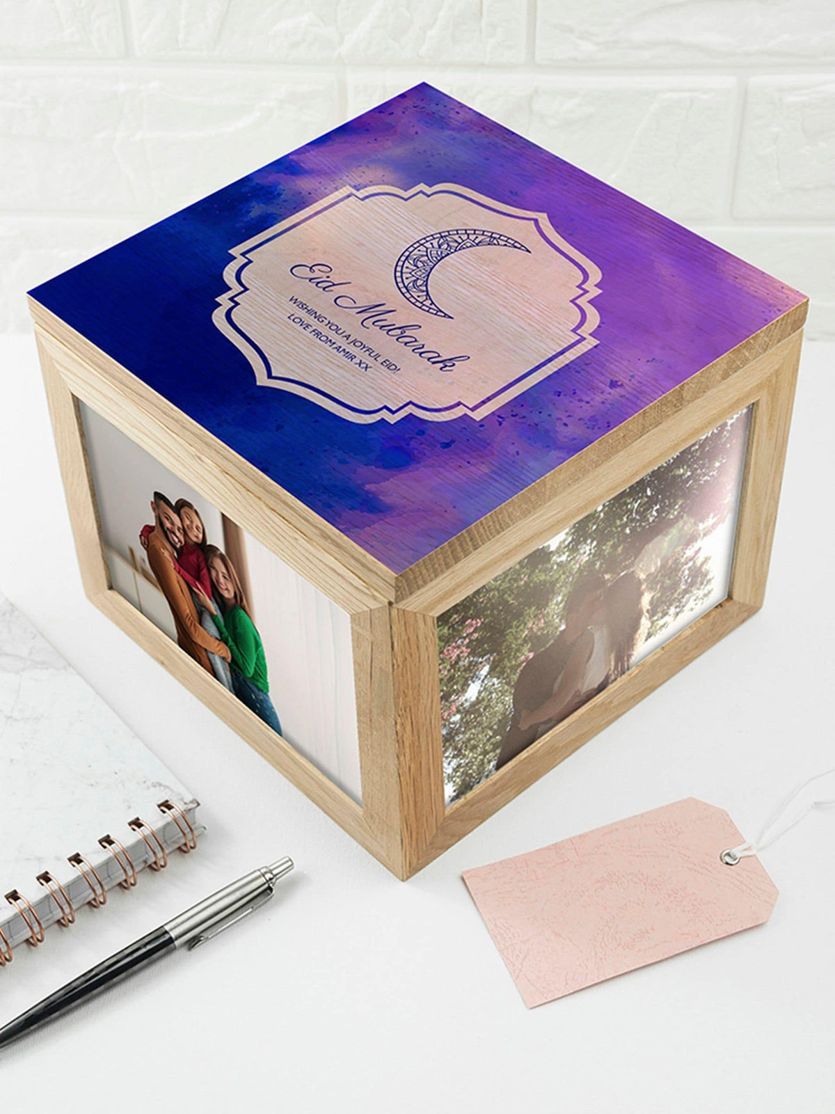 Treat Republic personalised Eid Mubarak keepsake box with blue or pink lid, imported from the UK