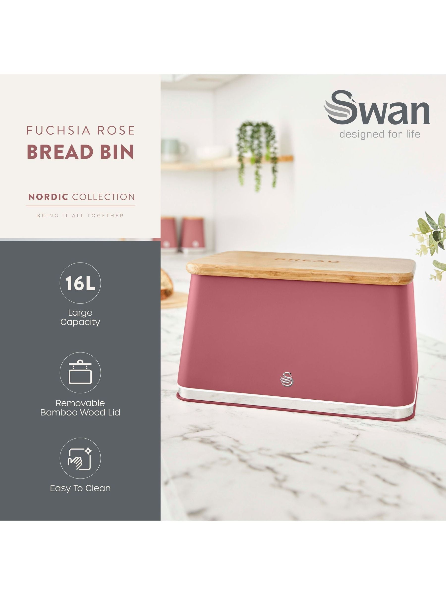 Swan Fuchsia Rose bread bin 16L (British brand)
