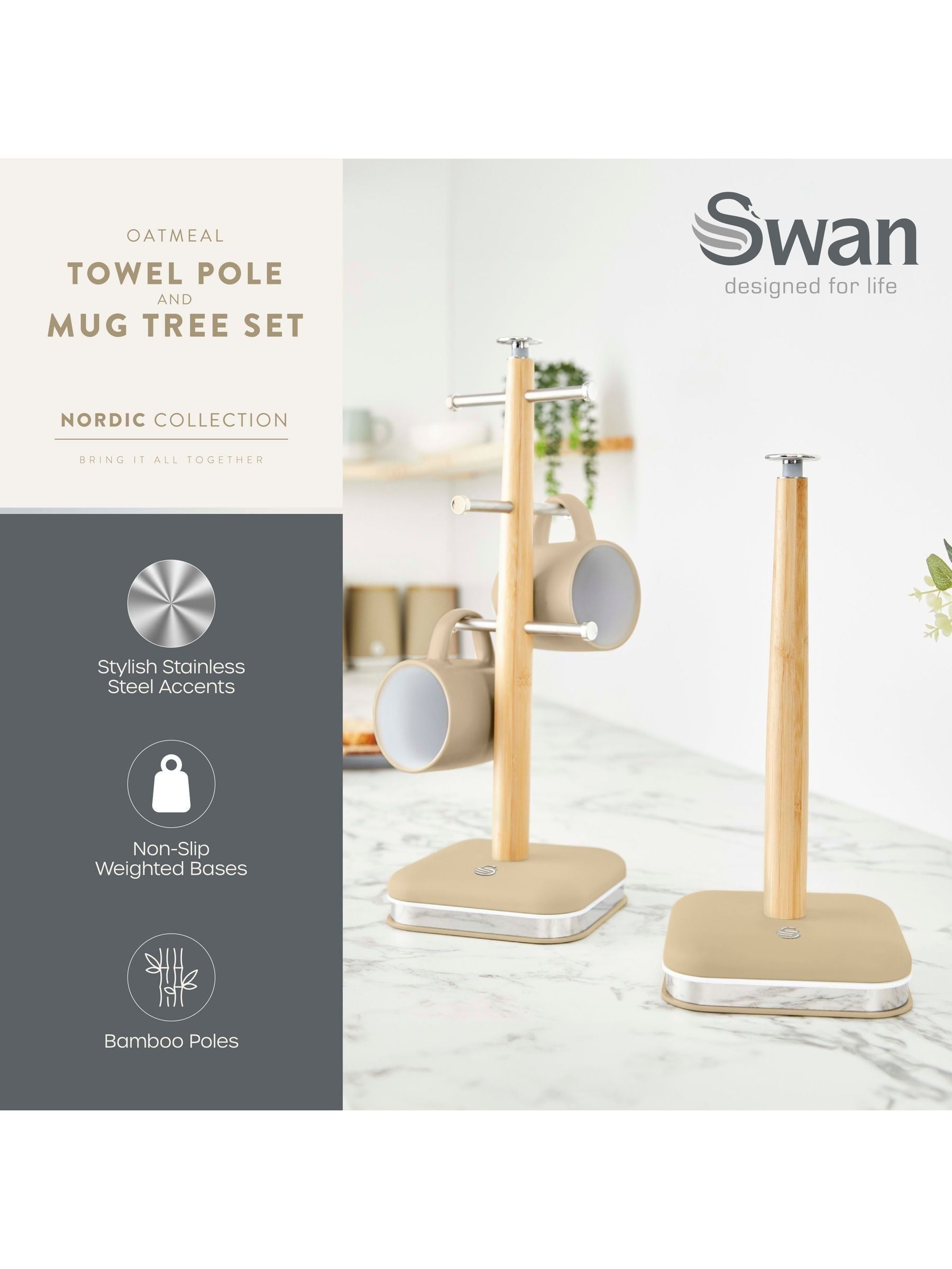 Swan Oatmeal mug tree and towel pole set (British brand)