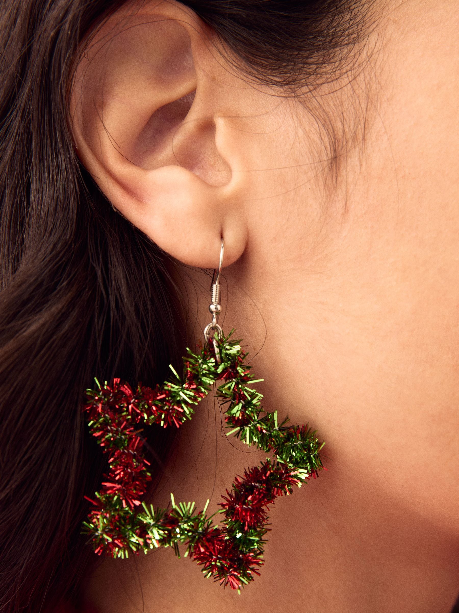 Gold Tone Christmas Tinsel Star Earrings