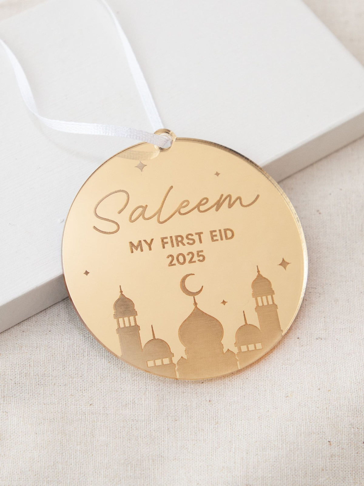 No Ordinary Gift Mosque silhouette first Eid hanging decoration 8x8cm, imported from the UK