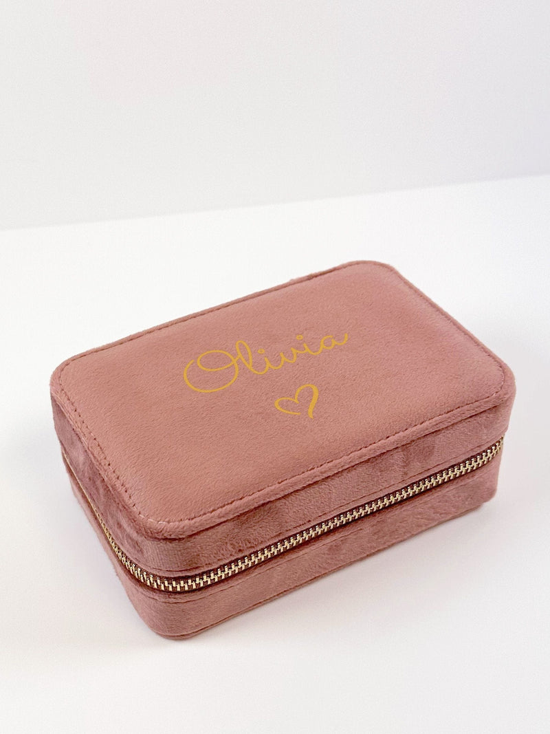 Loveabode pink personalised velvet travel jewellery box, UK version