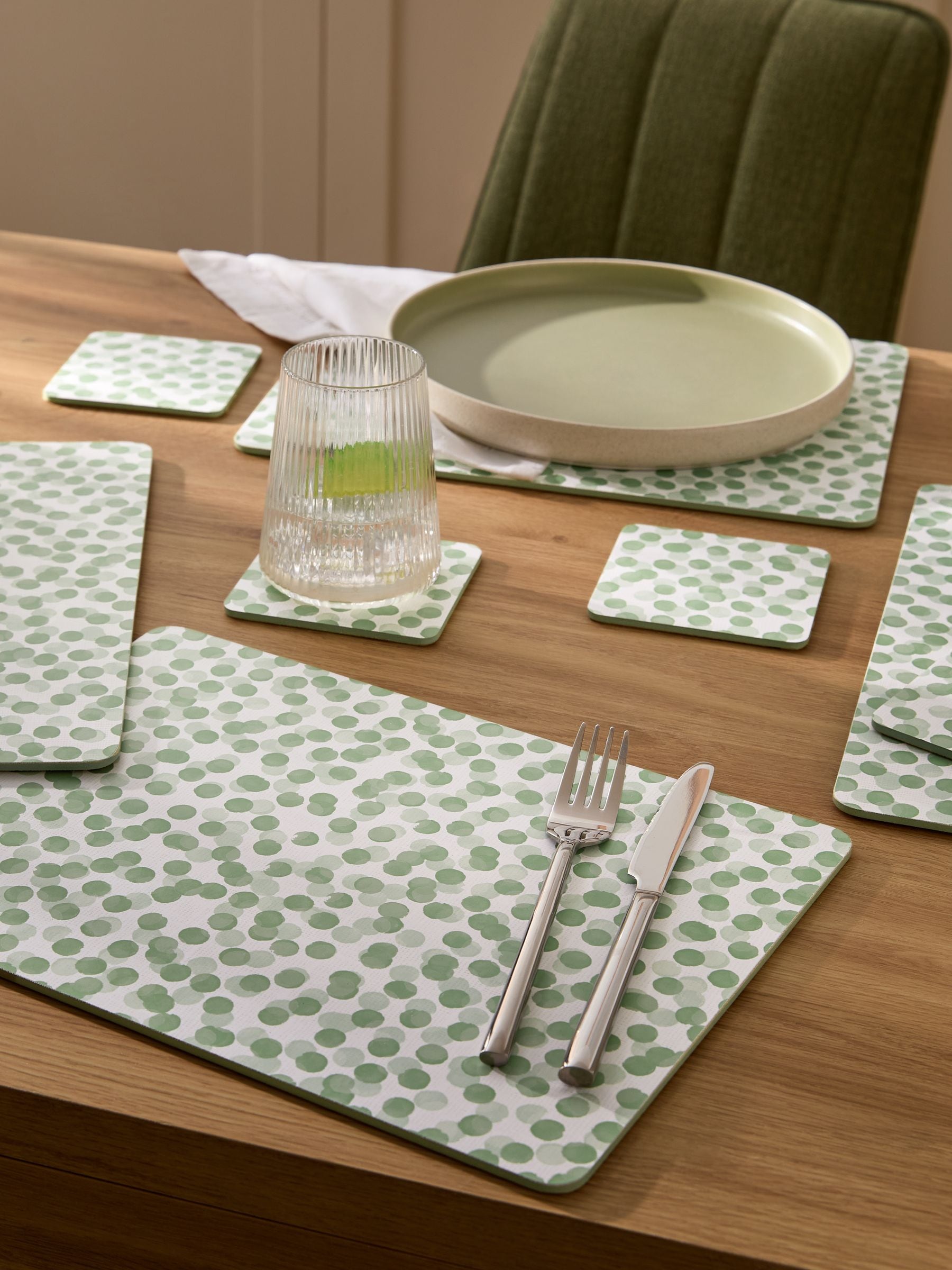 Sage green spot cork back placemats and coasters set of 4 (British brand)