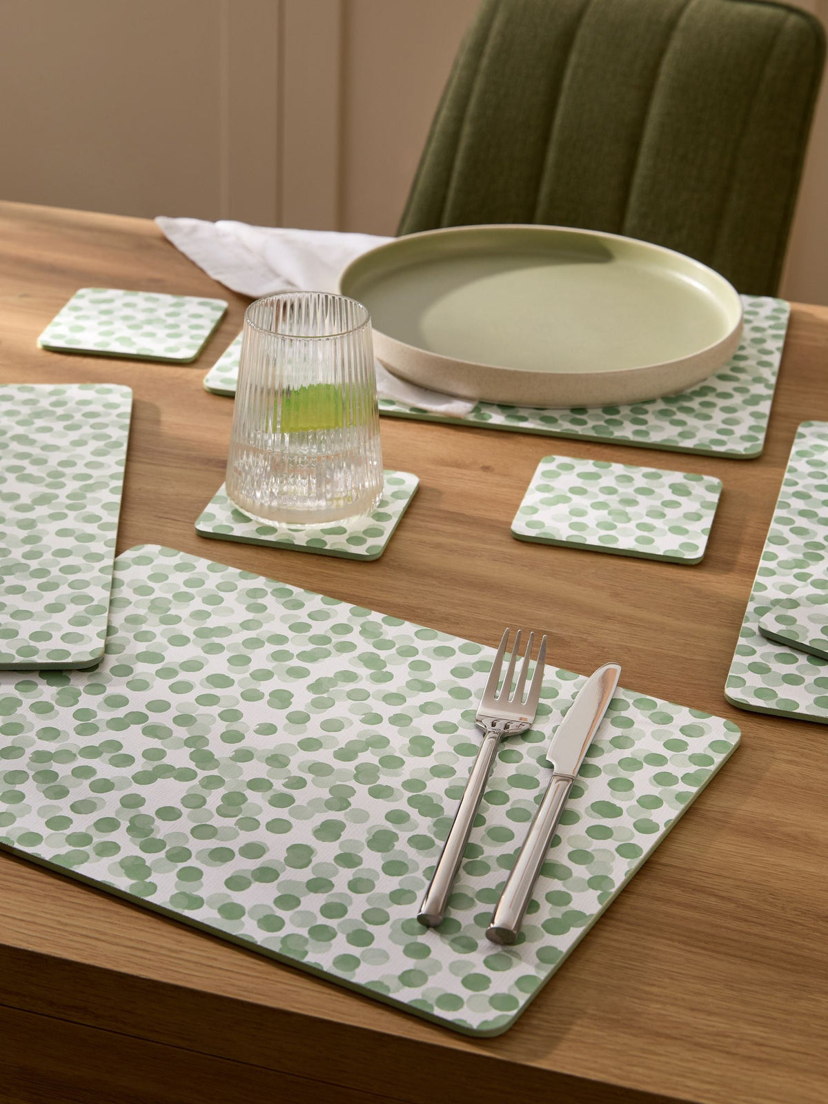 Sage green spot cork back placemats and coasters set of 4 (British brand)