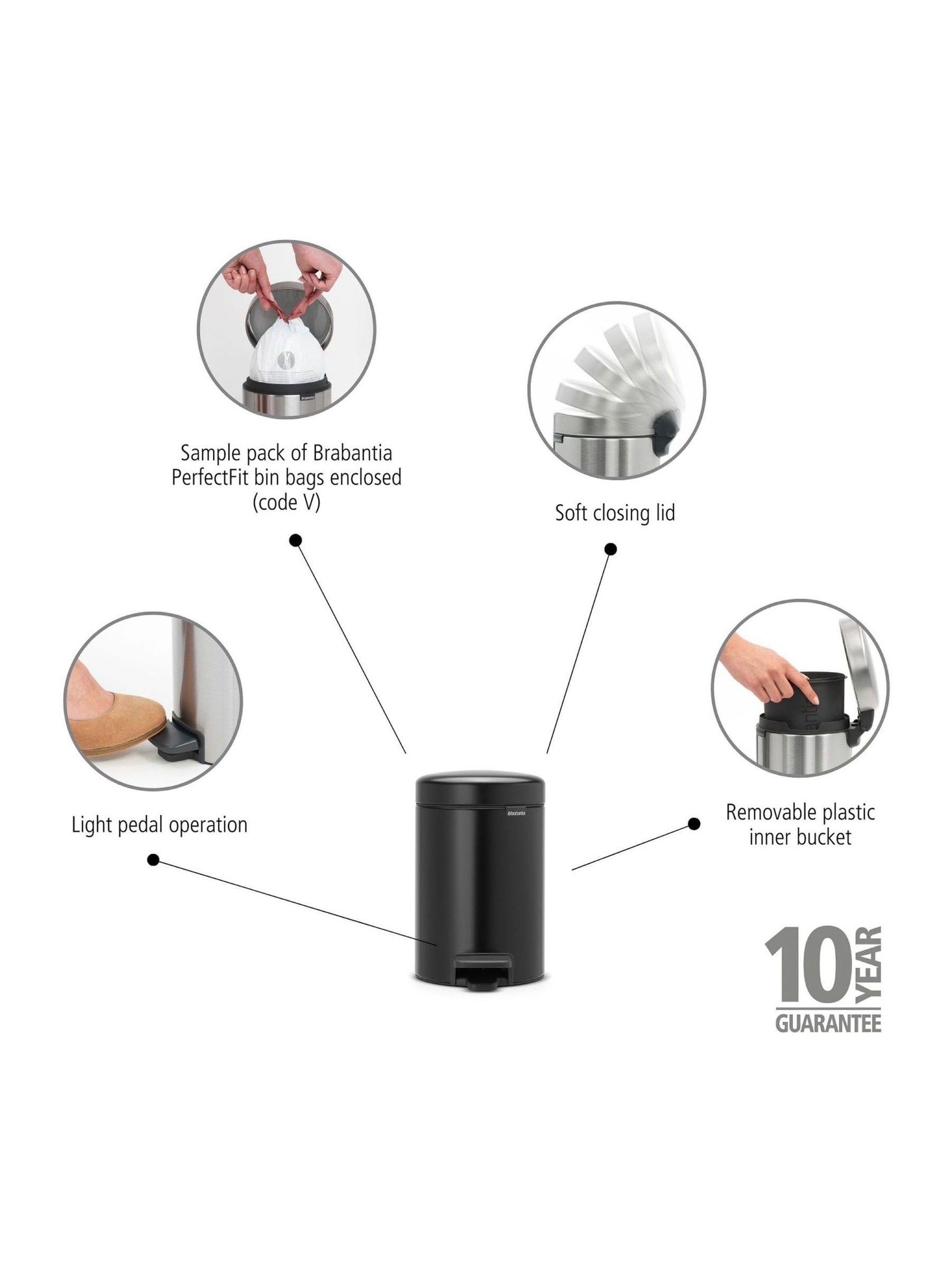 Brabantia Matt Black pedal bin 3L - British product